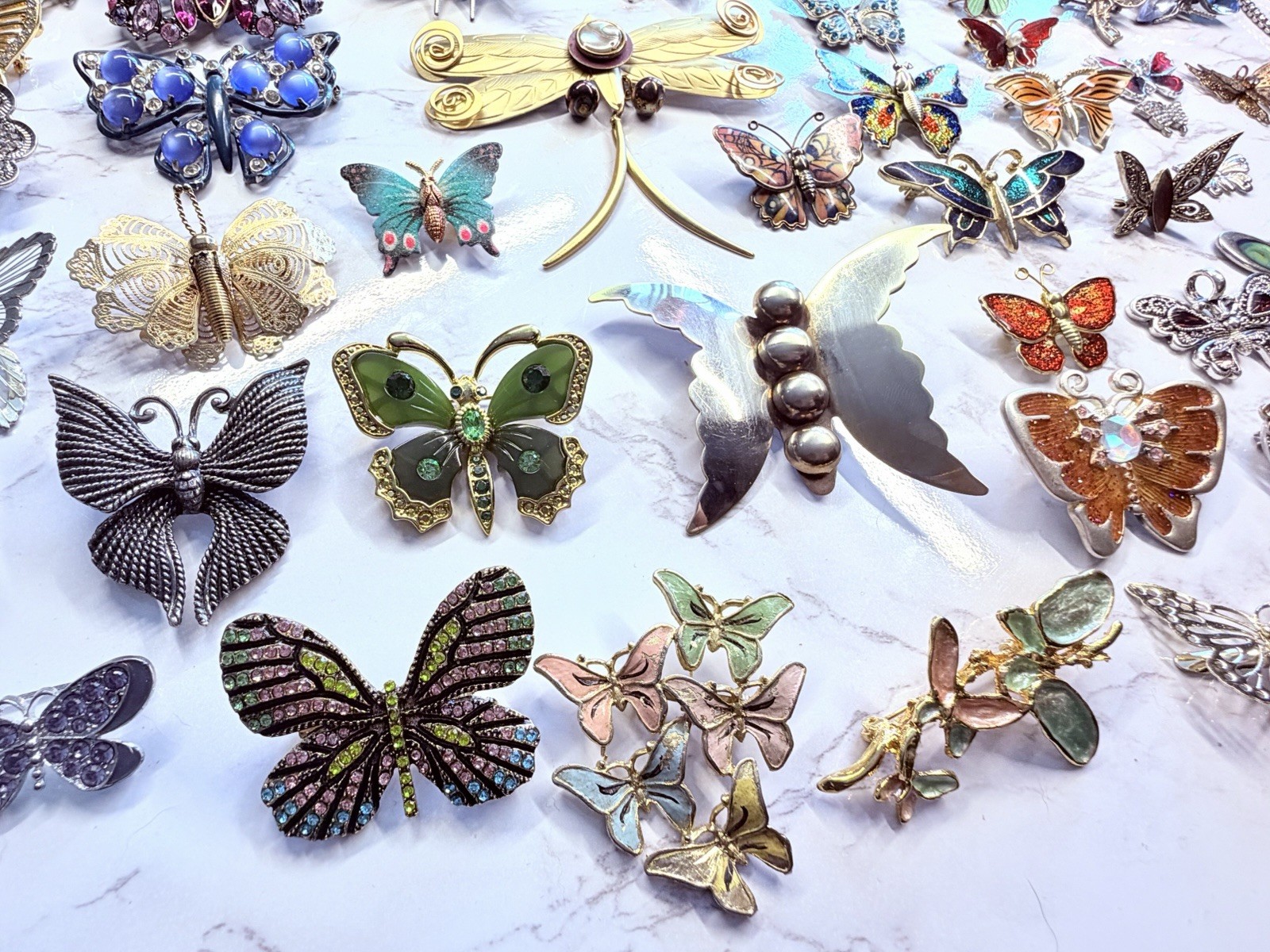 Huge Vintage Mod Butterfly Jewelry Brooch Lot Rhinestone Enamel Signed Unsigned