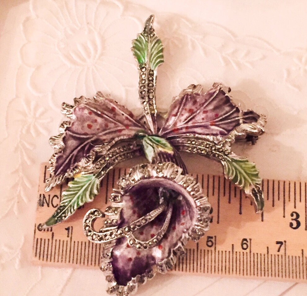 Orchid Brooch Silver Enamel Marcasite Rhodium Lilac Flower Vtg Antique Art Deco