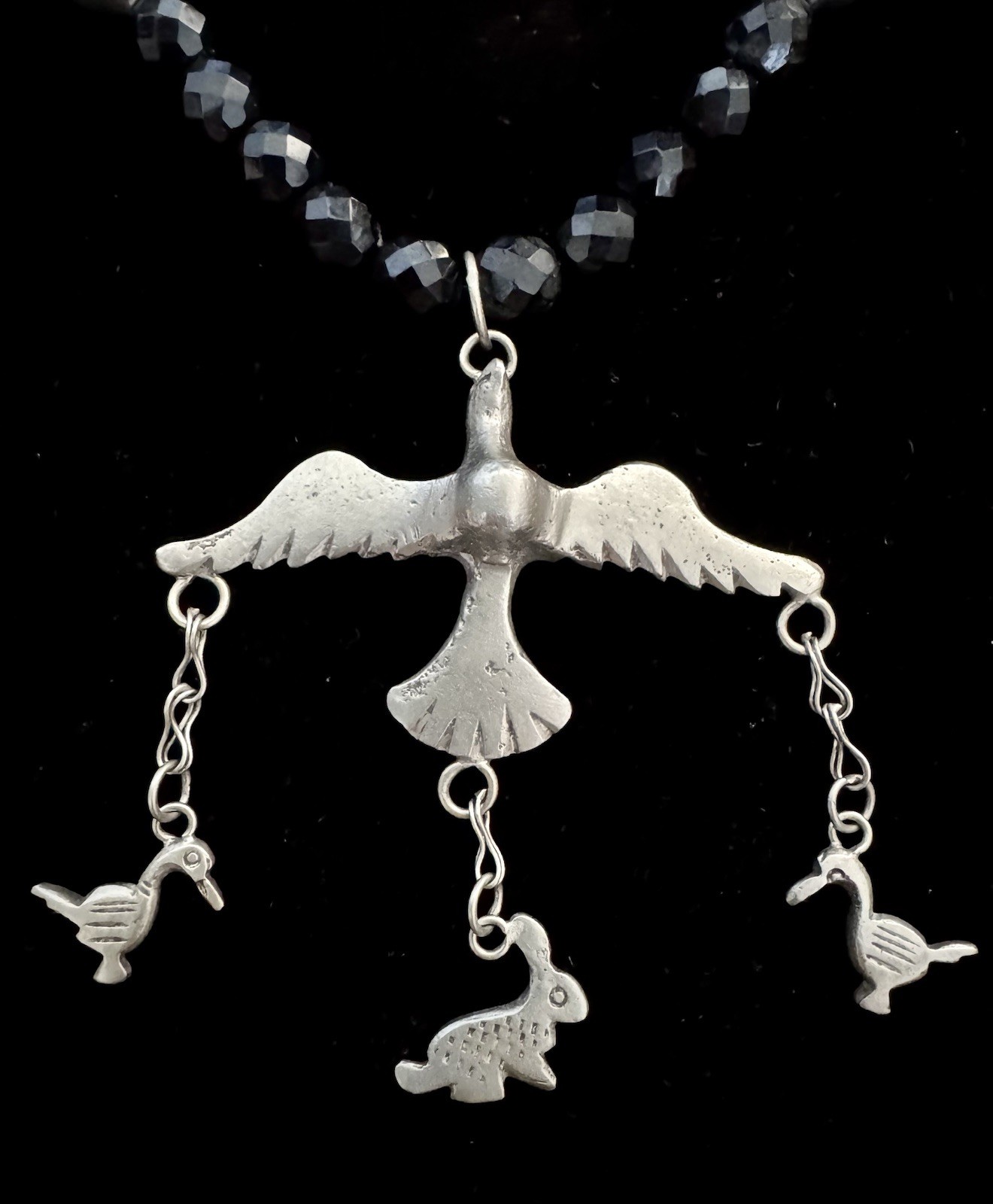 Antique Silver Cross Milagro Charm Necklace, Guatemalan Coins, Black Jet Beads