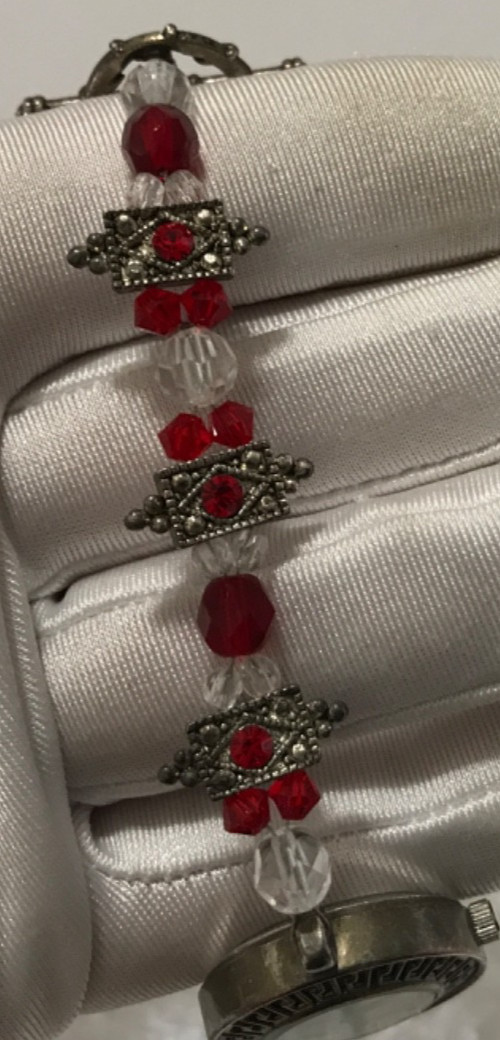 Vintage Geneva Red Clear Beads Ladies Watch Bracelet Silver Tone New Battery