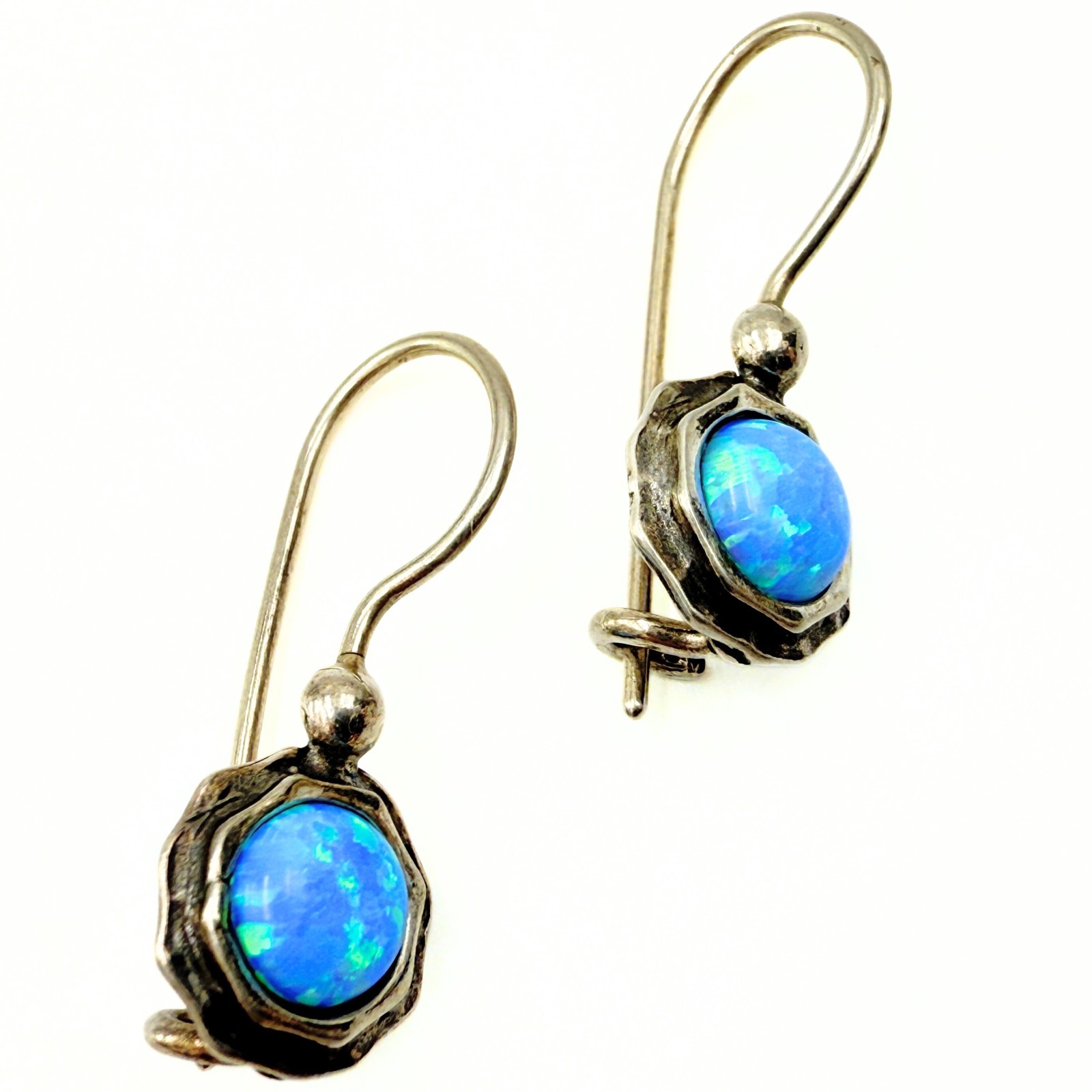 Amazing Marked Israel Sterling Silver Lab Opal Cab Dangle Earrings