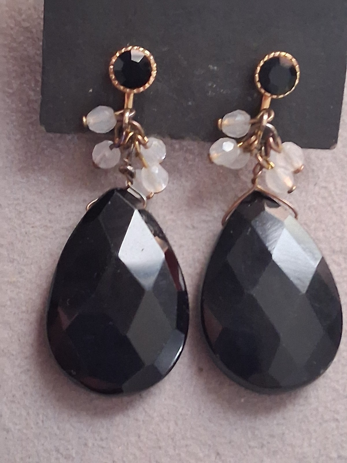 Faceted black glass teardrop stone adjustable clip on earrings w/dangle accents
