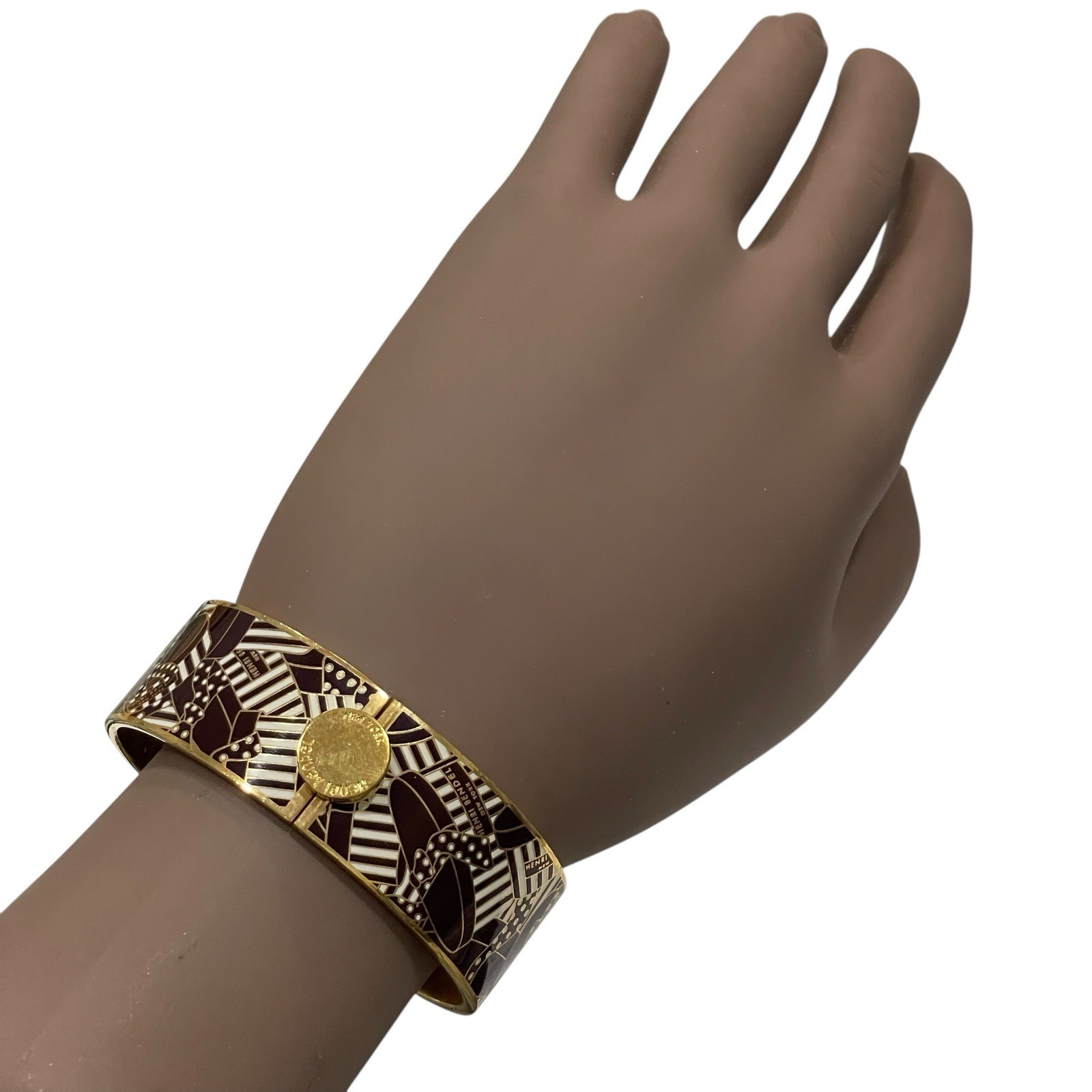 Henri Bendel Bangle Bracelet Gold Tone Brown Abstract Pattern Enamel Hinged Wide