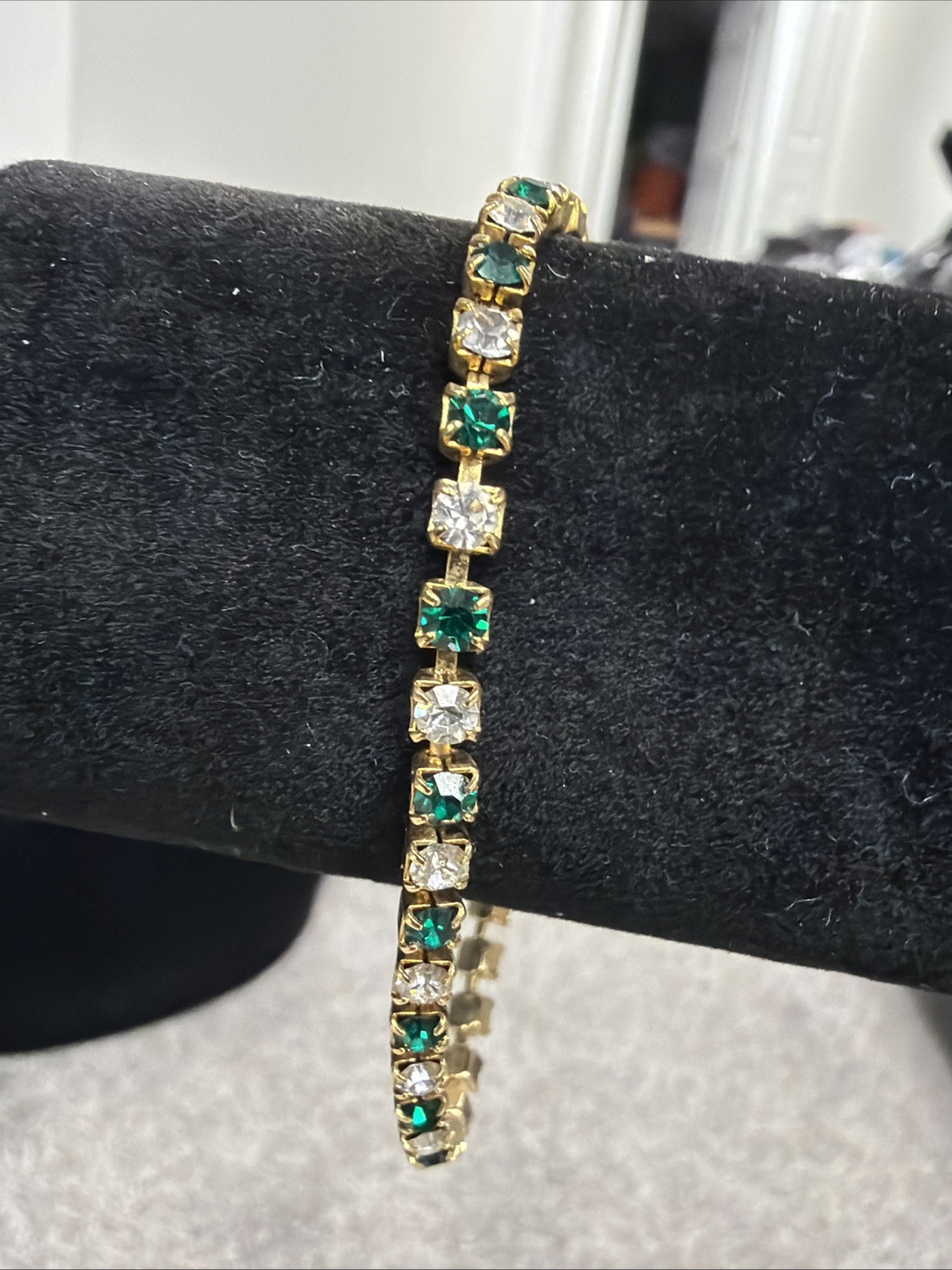 Vintage Eternity Alternating Emerald and Crystal Gold Plated 6.5” Bracelet