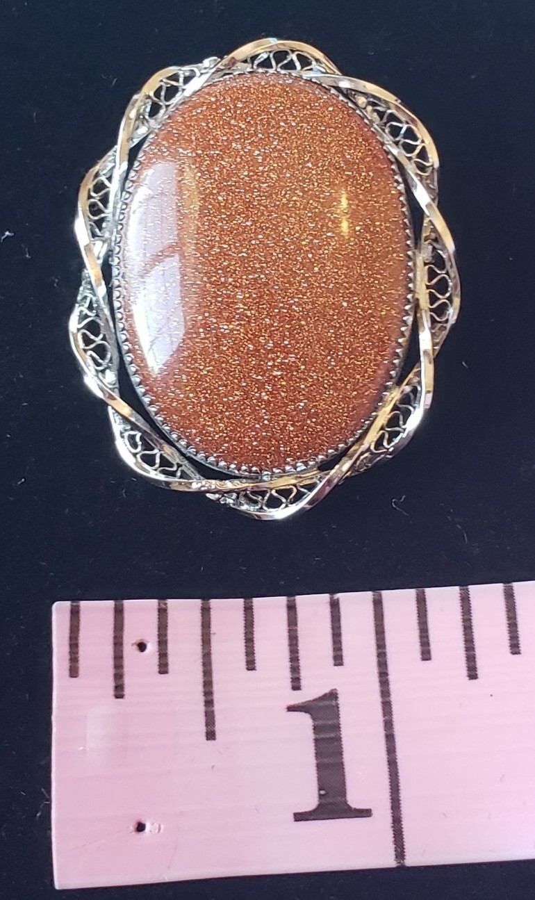 VTG Sorrento Goldstone Brooch & Pendent Silvertone Filagree Swril Ornate Pin