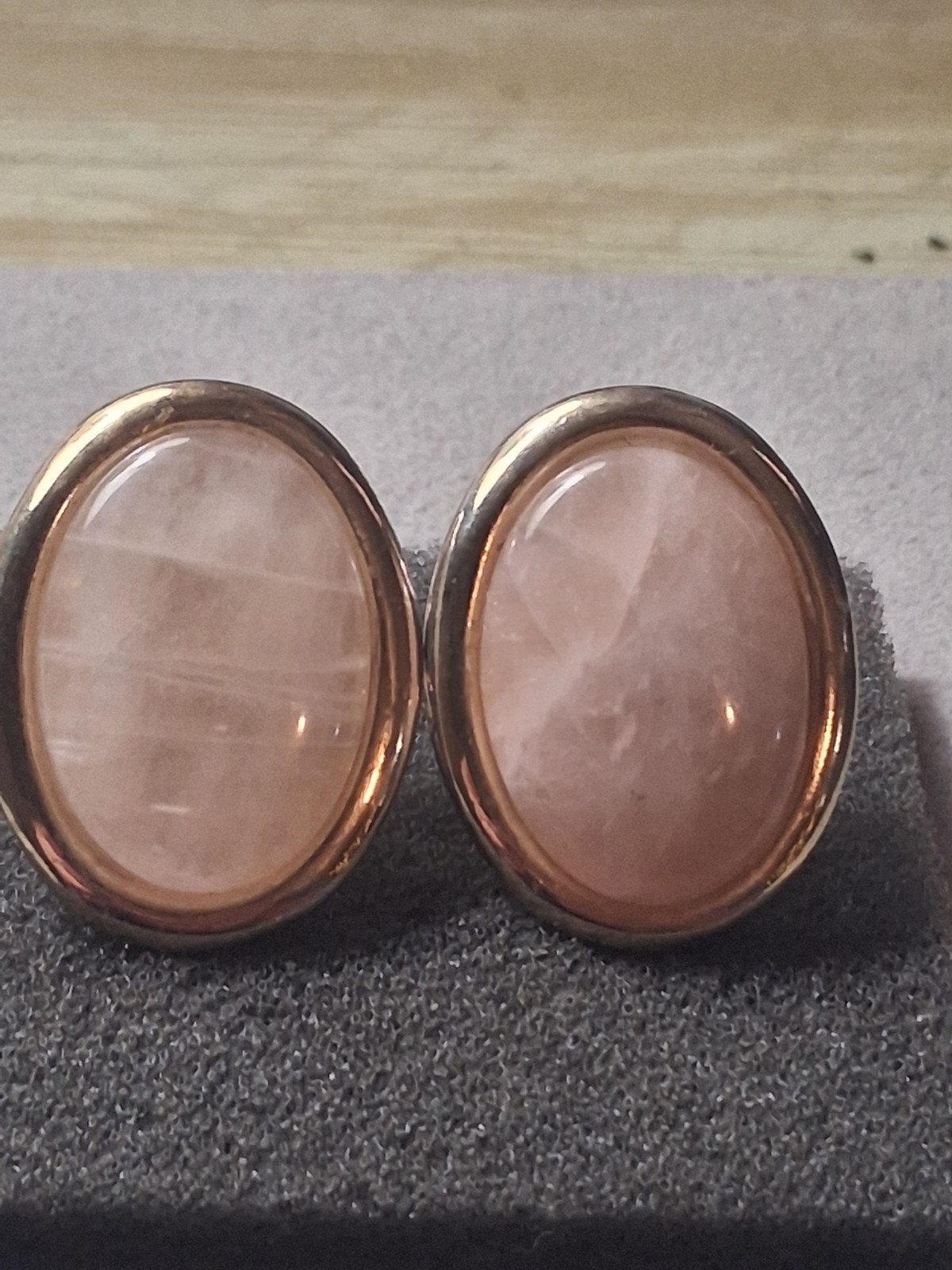 Rose quartz oval cabochon gold plated vintage earrings