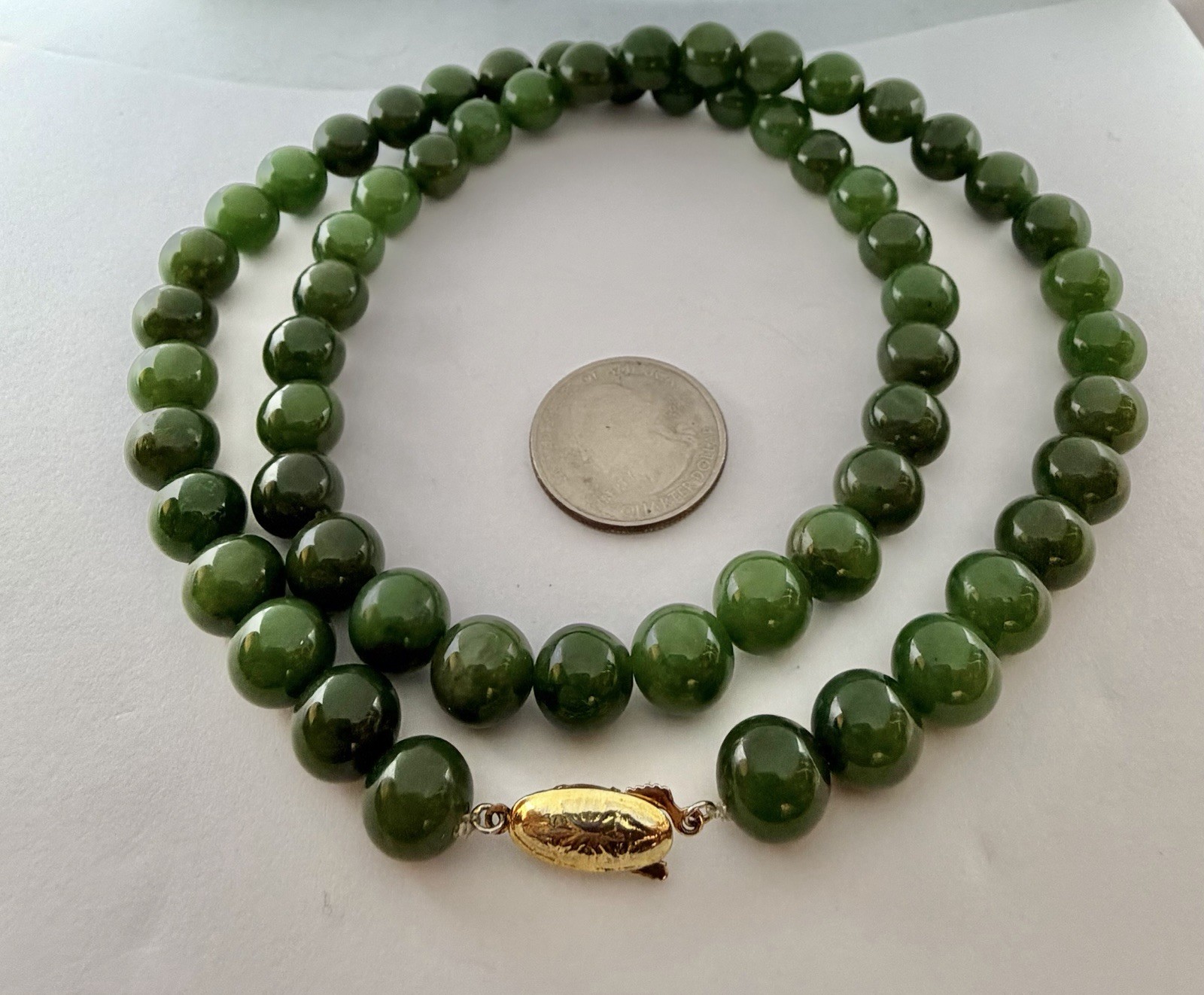 Vintage 8mm Dark Green Jade Beads Necklace Goldtone Clasp 23”