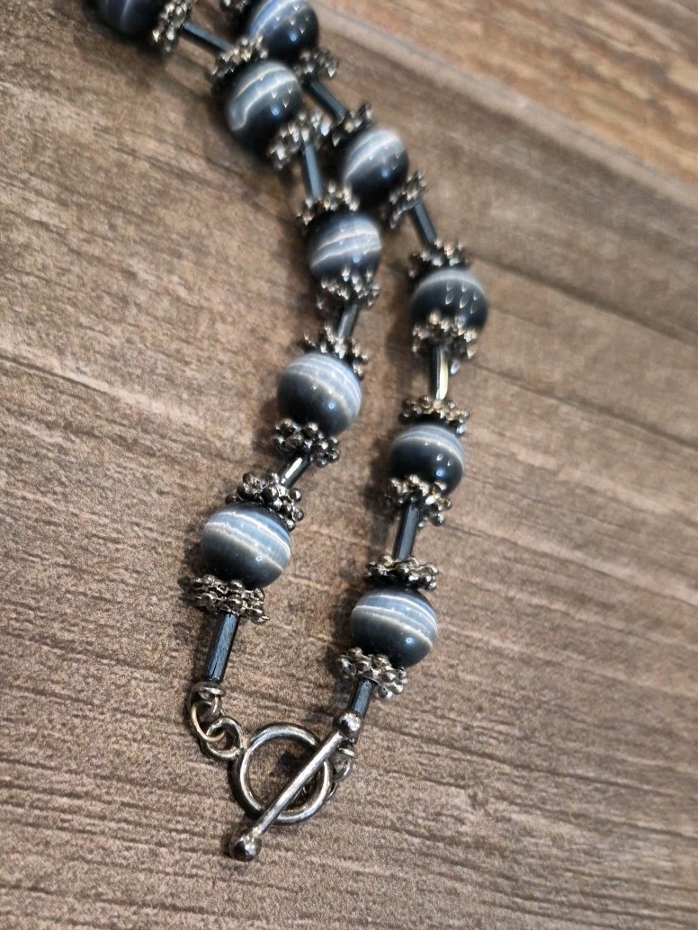 Vintage Glass Bead Necklace w/ Intricately Detailed Spacers, Toggle Closure