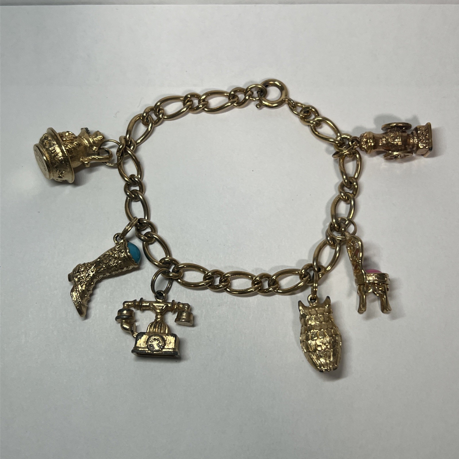 Vintage Charm Bracelet Chair Telephone Owl Boot Signed AVON Jewelry 7”