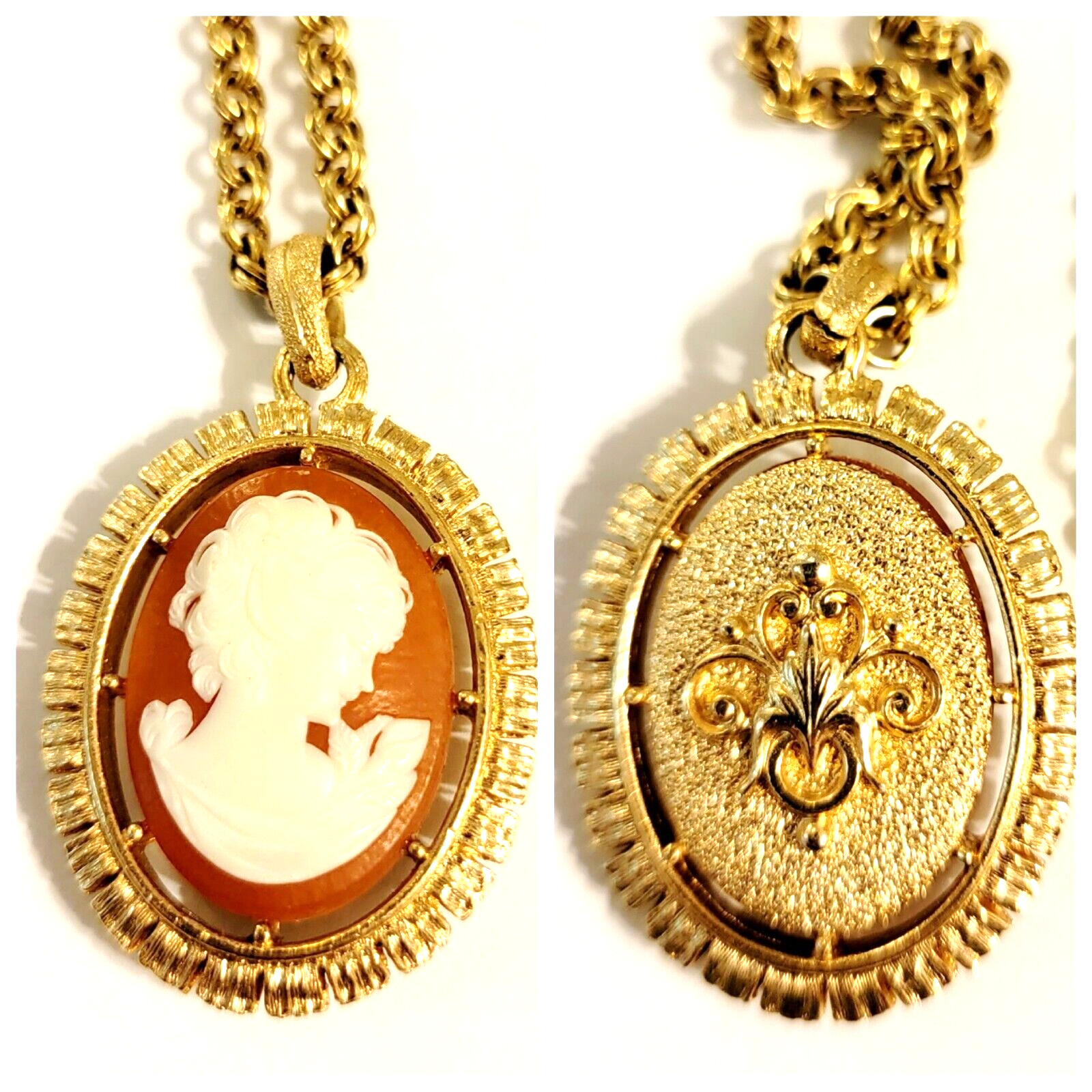 Vintage Orange-Cream Cameo fleur-de-lis Pendant Gold Tone Necklace, 31″