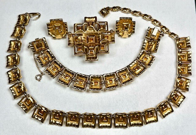Bogoff “Tawny Topaz” Swarovski Emerald Cut Gold Plate Parure