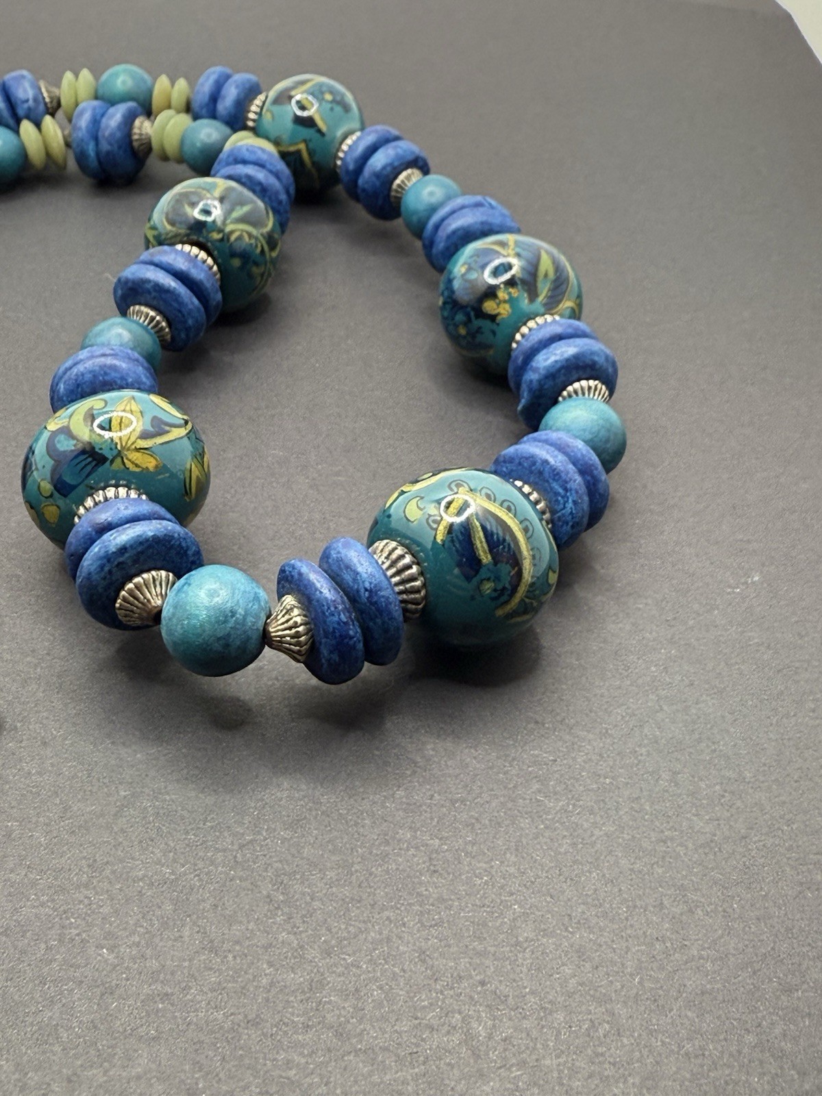 Vintage Beaded Necklace Teal Blue Ceramic Wood Barrel Closure 28” Handcrafted