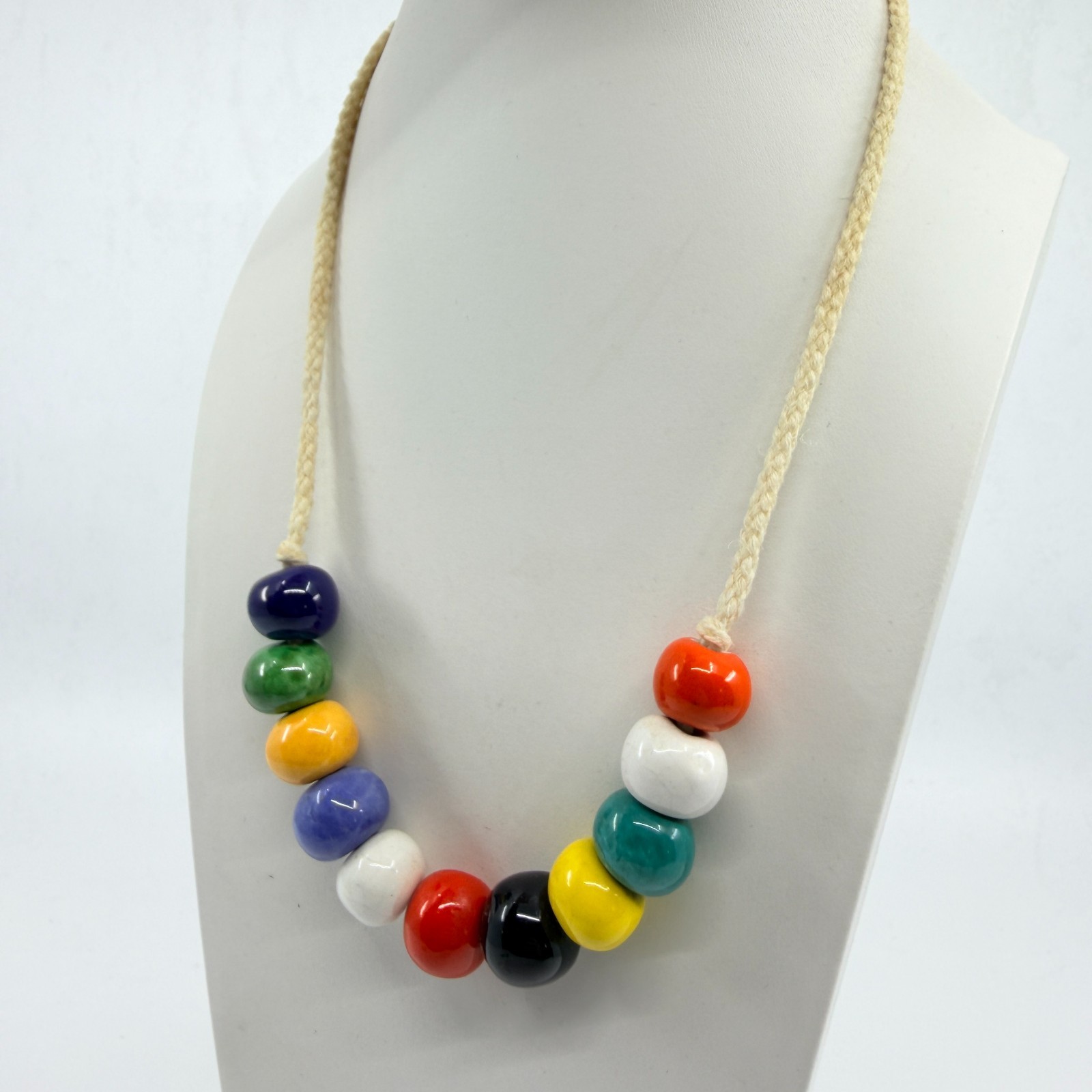 Vintage Retro Rainbow Ceramic Chunky Bead Cotton Cord Statement Necklace Craft