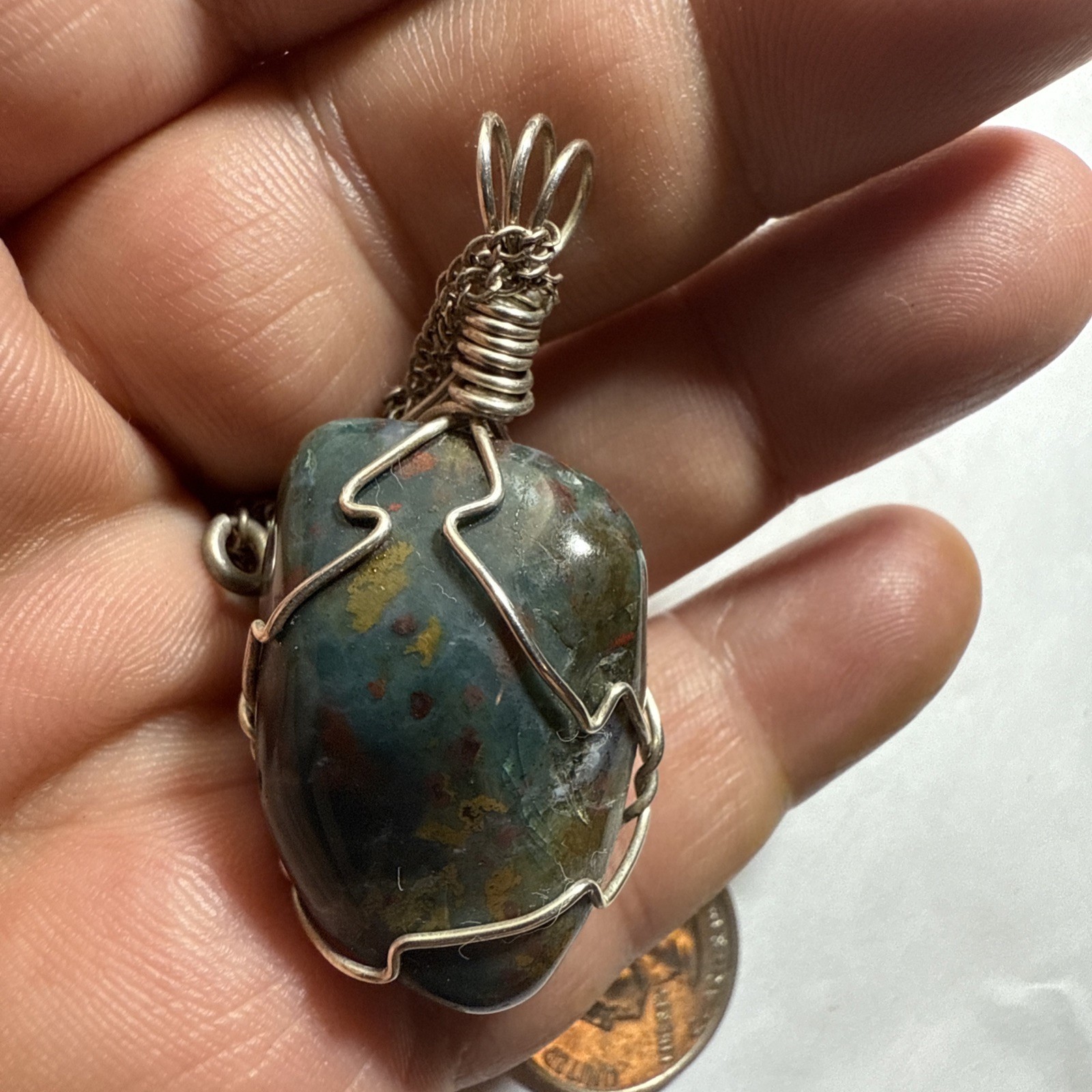 Necklace Bloodstone Big 25ct Solitaire Vintage Sterling Silver 18” Chain