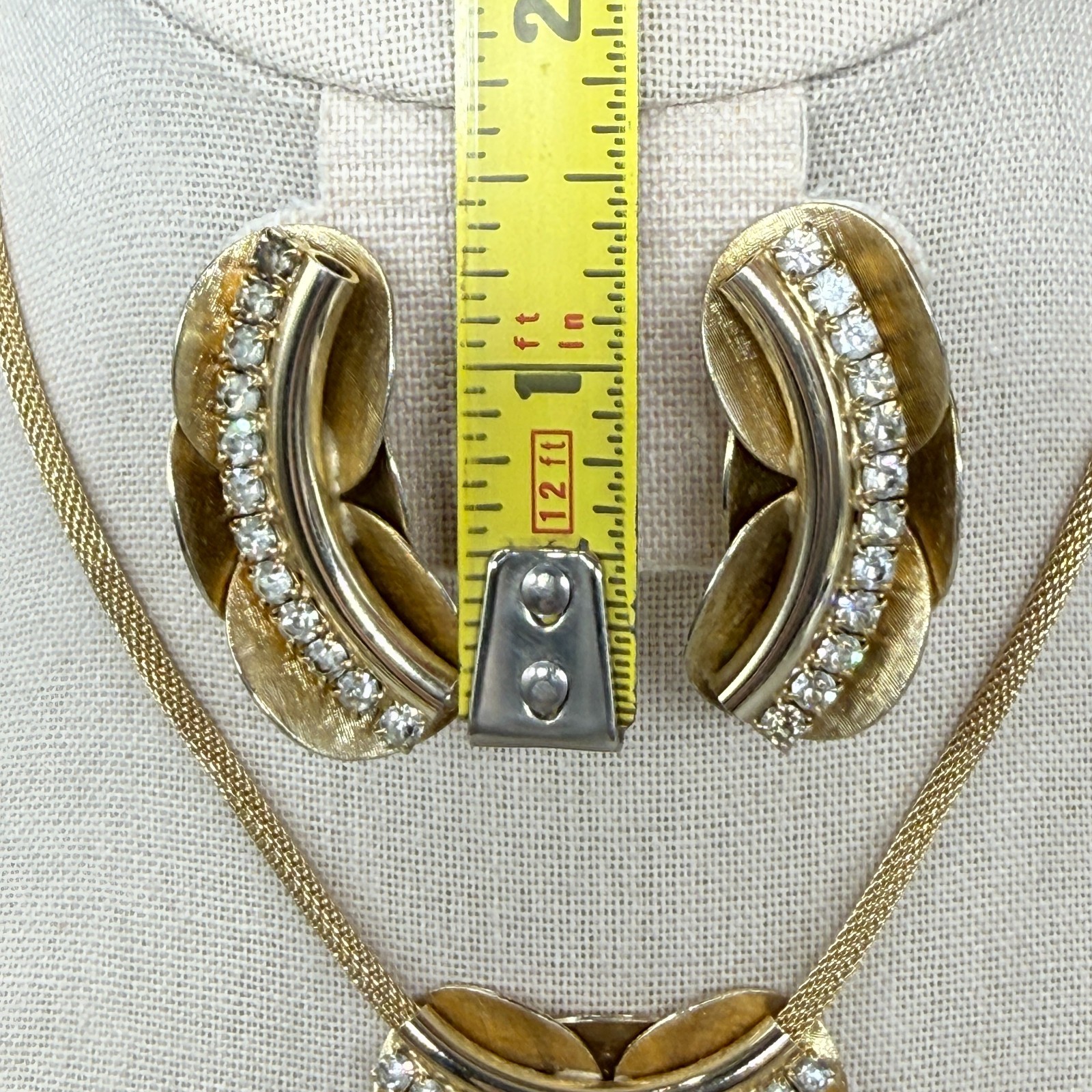 Vintage Necklace and Earring Set Gold Tone Clear Rhinestone Dangles Mesh Chain