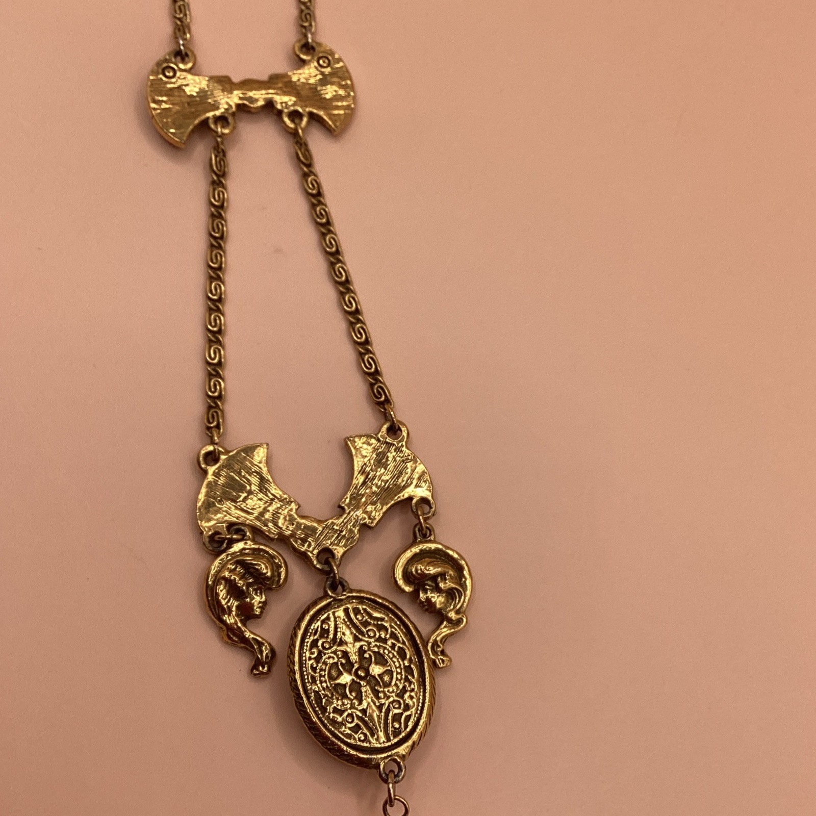 Victorian Revival Gold Tone Pendant Necklace W/ Black Oval Cameo Hand Painted