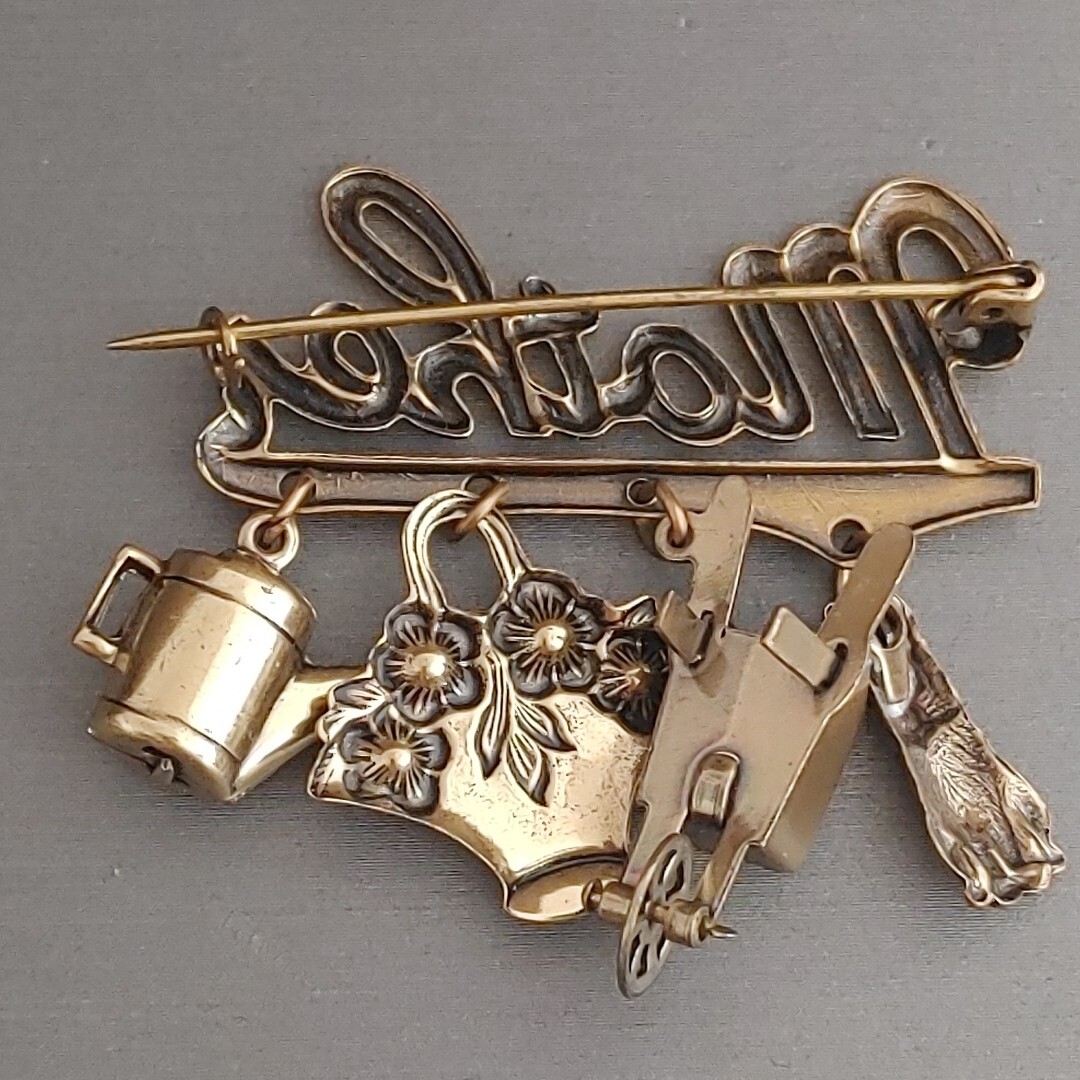 Vintage Brass Charm MOTHER Brooch Pin Gardening Bunny Wheelbarrow Flowers 1.75”