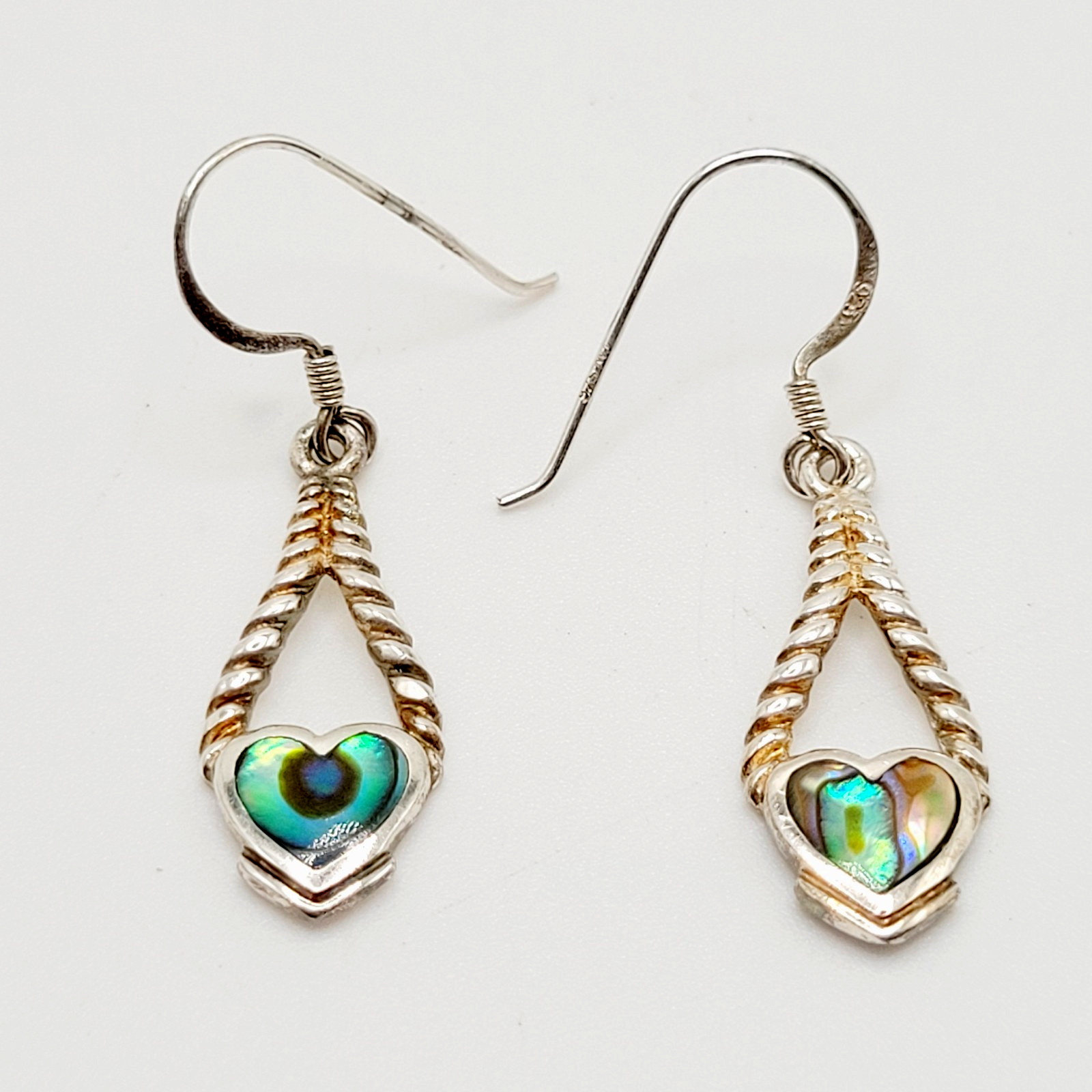 Heart Twisted Open Metal Paua Shell Inlay Sterling 925 MC Hook Pierced Earrings