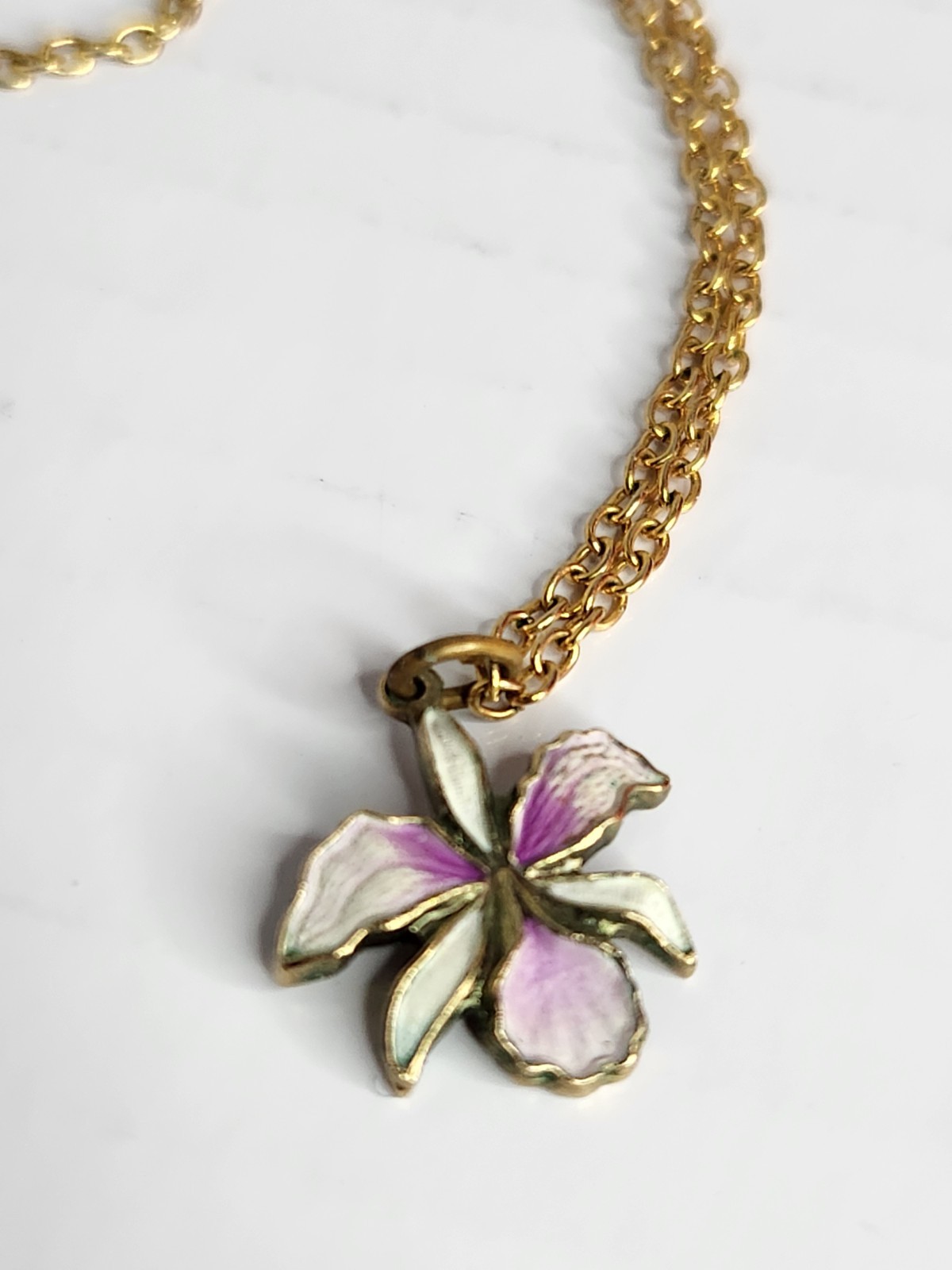 Vintage Orchid Flower Enamel Necklace & Clip-On Earrings Set Purple Gold Tone