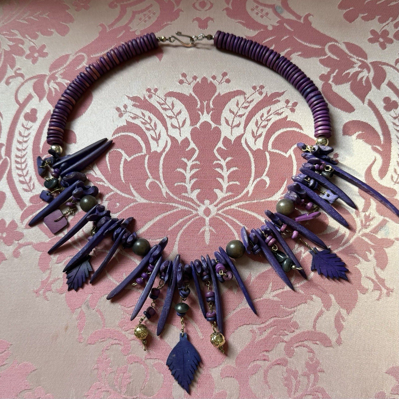 Vintage Funky Spike Purple Wood Leaf Beaded Necklace Tribal Festival Statement