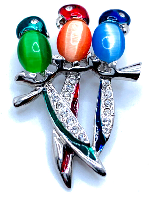 Unsigned Vintage Gold Tone 3 Jelly Belly Parrots/Birds Green Red Blue Brooch Pin