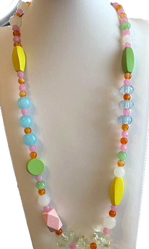 EsMor Beaded Necklace Glass Wood Stone 26″ Statement Bright Candy Colors Jewelry