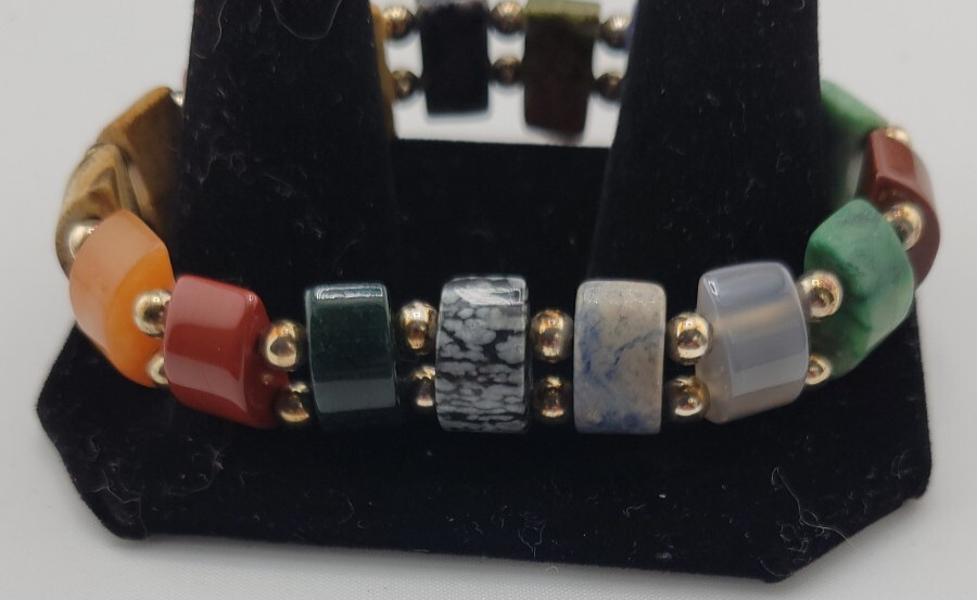 Vintage Multicolored Natural Stone And Sterling Silver Beaded Stretch Bracelet