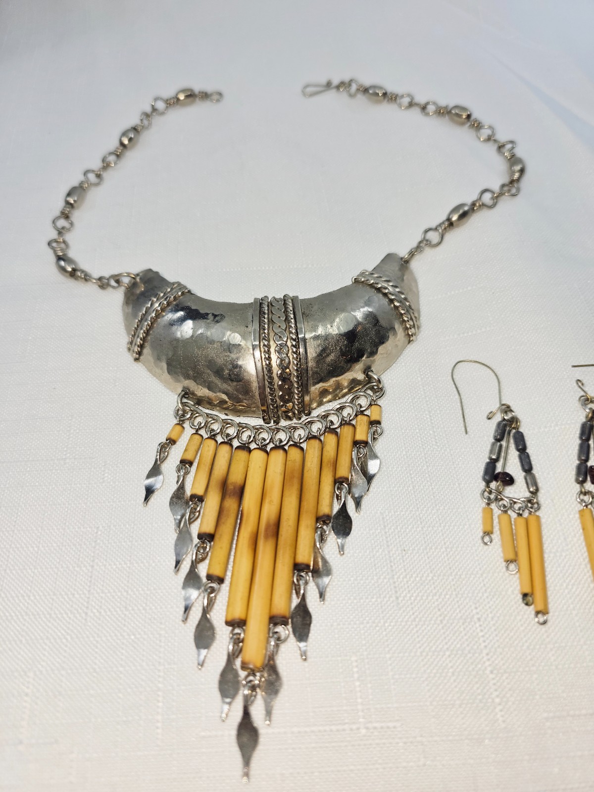 Vintage Peruvian Bamboo Tassel with Brown Stone Necklace & Earrings Set / Boho