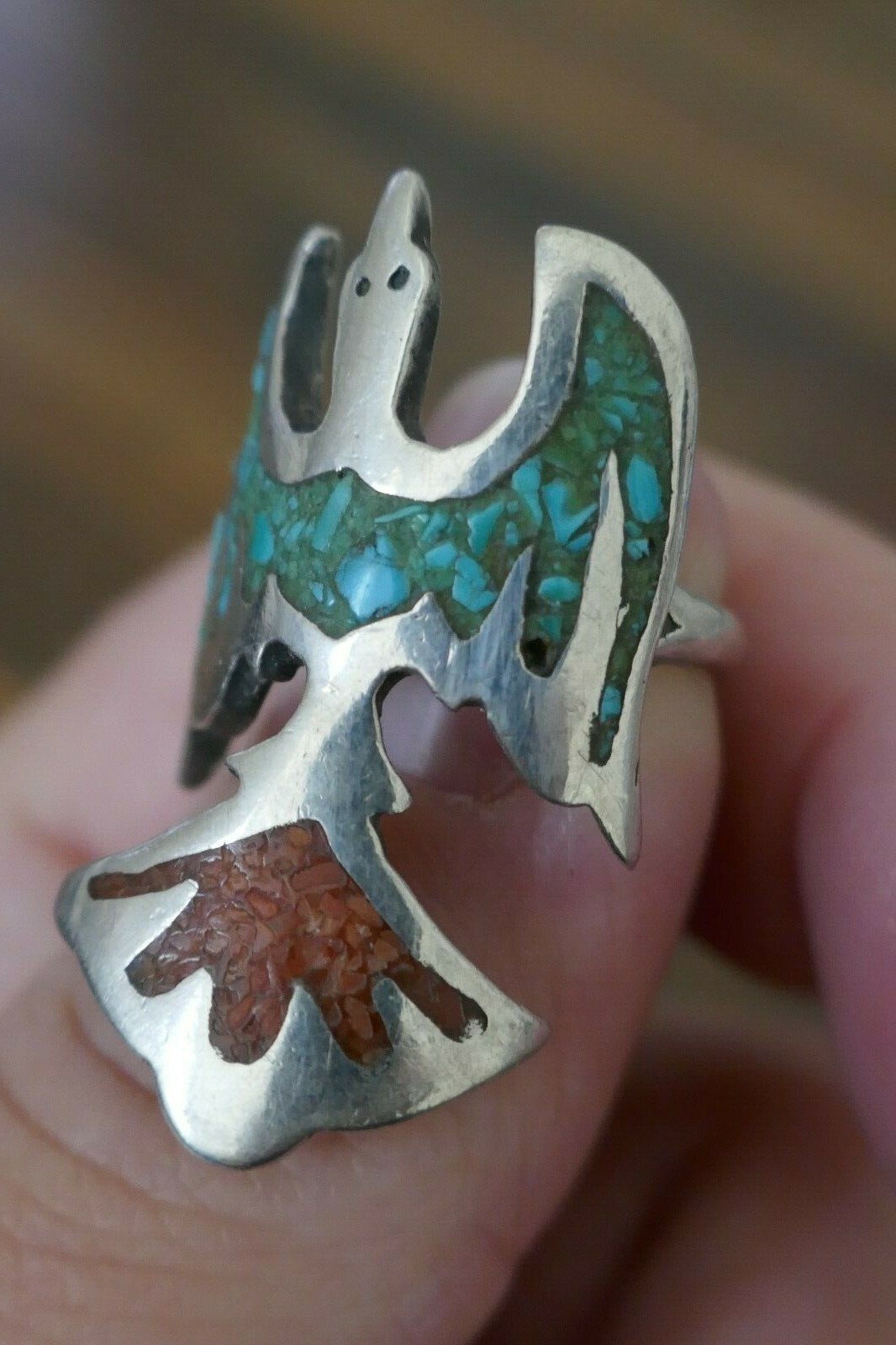 Vintage Southwest Sterling Turquoise & Coral Ring – Size 4.25 / 6.8 Grams