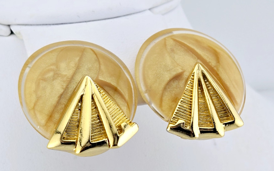 Designer Orena Paris Vintage Gold Plated Shimmering Clip On Earrings Lucite
