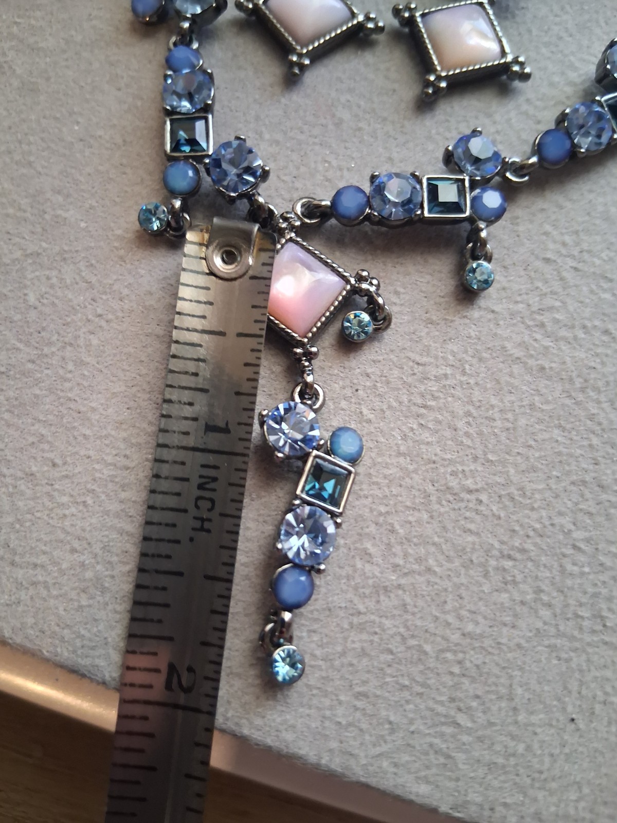 90’s pink moonglow & blue crystal festoon style necklace & dangle drop earrings