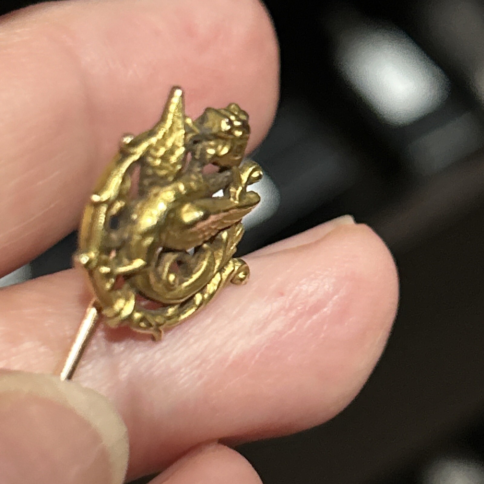 c1900s Stick Hat Lapel Pin Dragon Serpent Chimera Gold Fill French Stamp