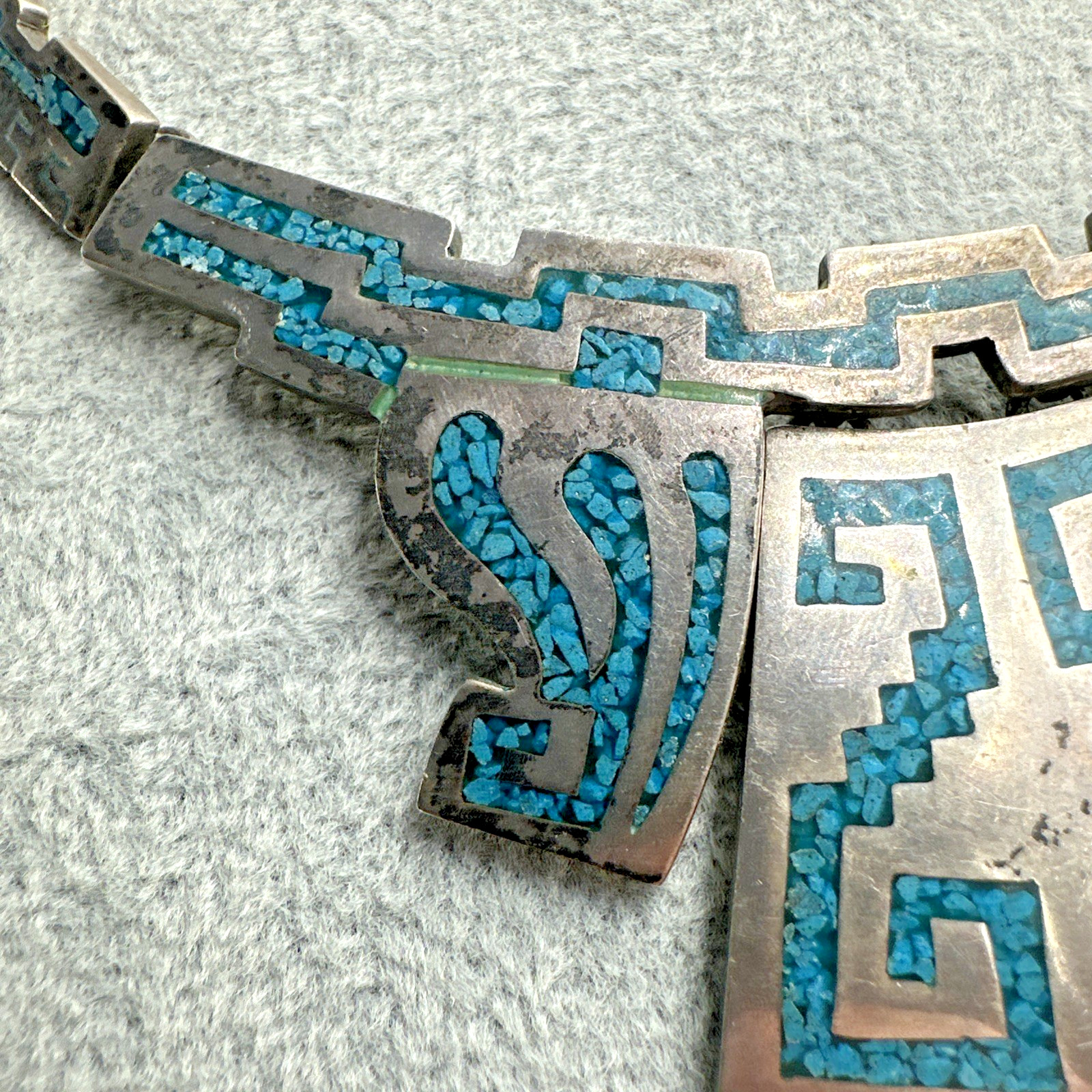 Vtg Taxco Sterling Turquoise Chip Inlay Panel Necklace 16.5″ 91.5g Signed PVB