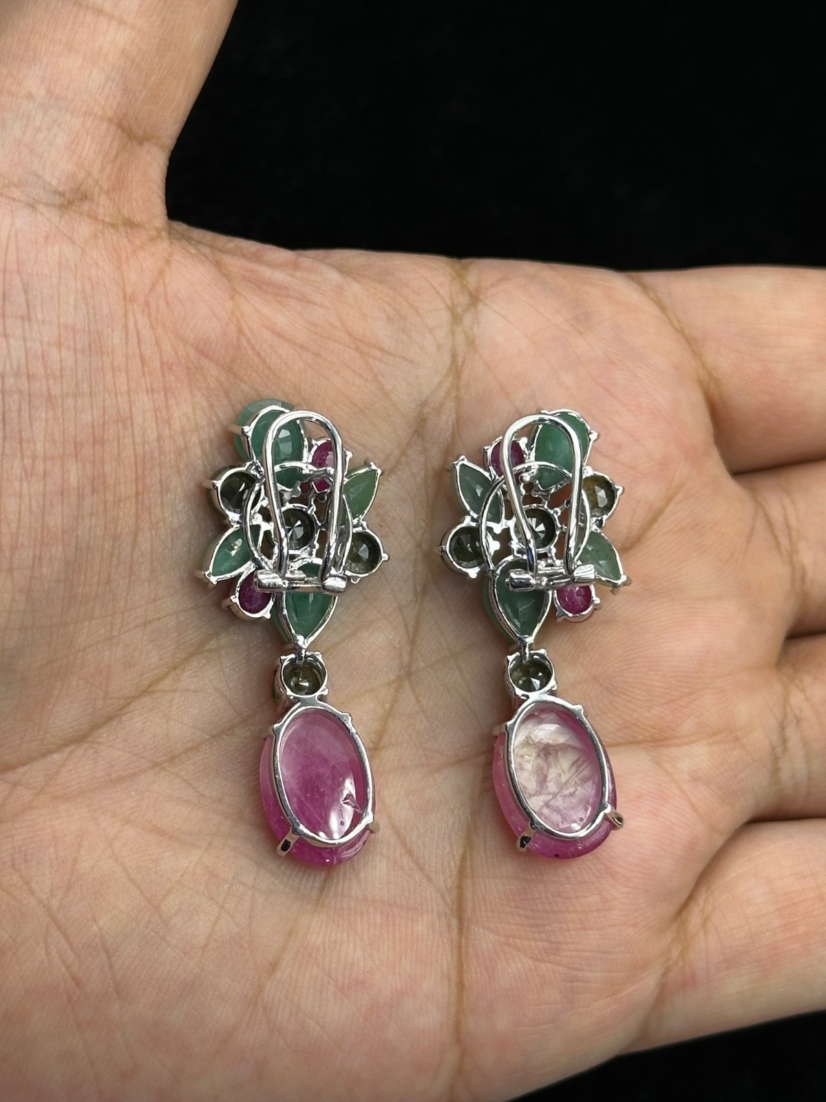 Beautiful Victorian Handmade Ruby And Emerald Earrings, 925 Sterling Silver