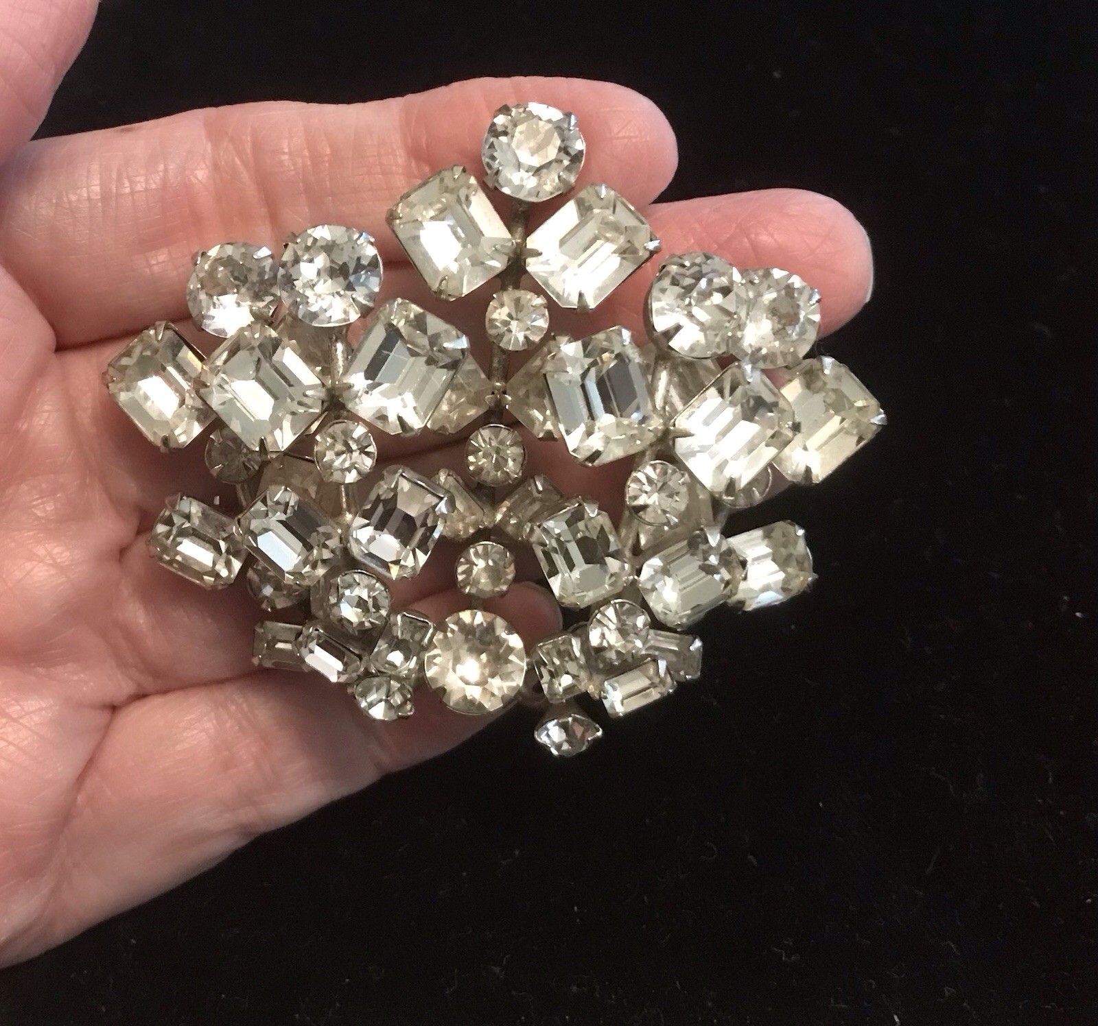 Weiss Pin Clear Stones Layered 2 1/4 Wide Signed