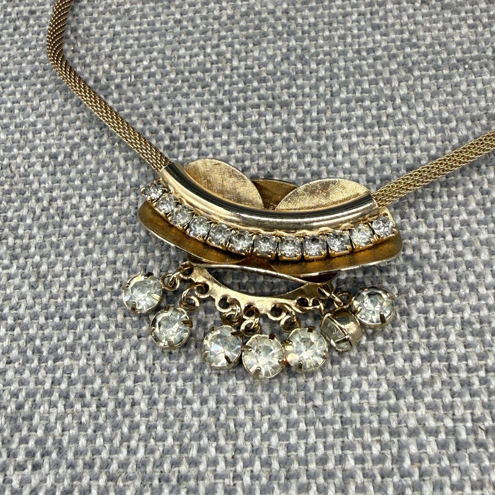 Vintage Necklace and Earring Set Gold Tone Clear Rhinestone Dangles Mesh Chain