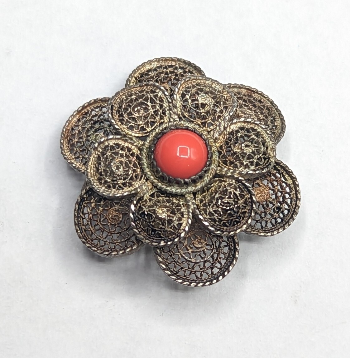 Vtg Sterling Silver Cannetille Filigree Flower Red Brooch Pin Pendant C-Clasp