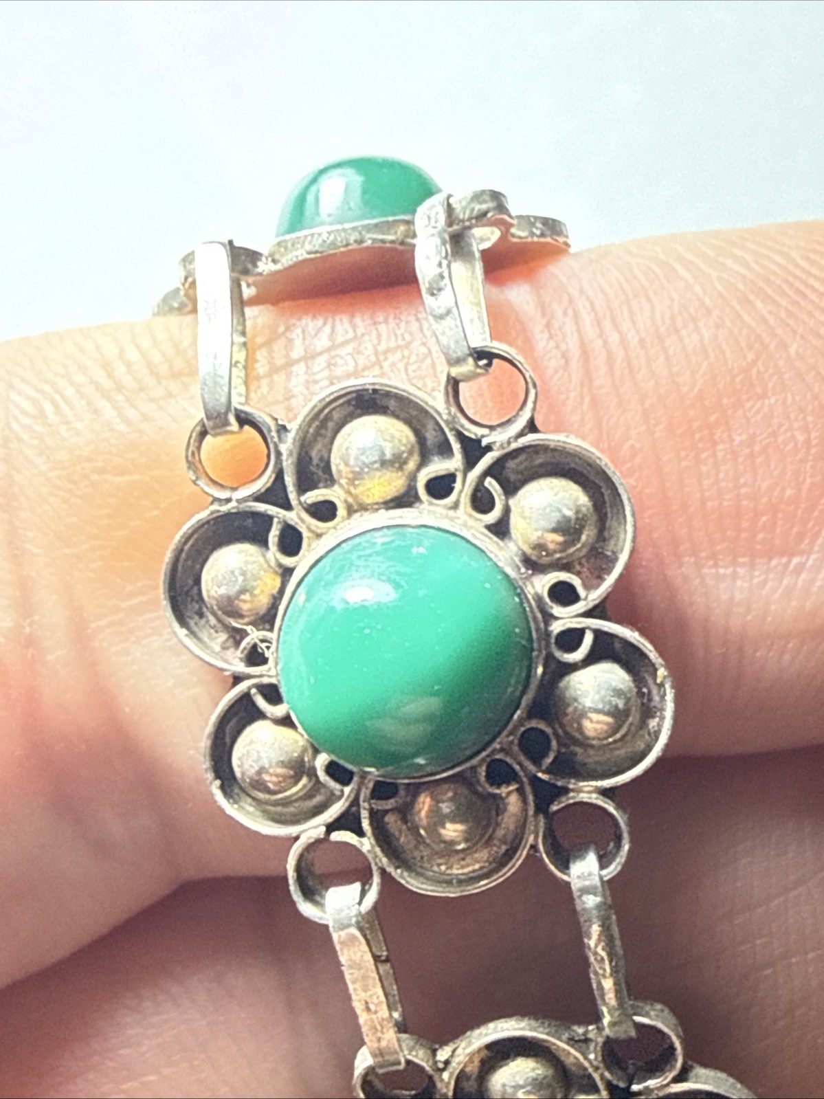 bracelet Taxco Mexico 980 Silver Better Than 925 Sterling Green Onyx Vintage 7.5