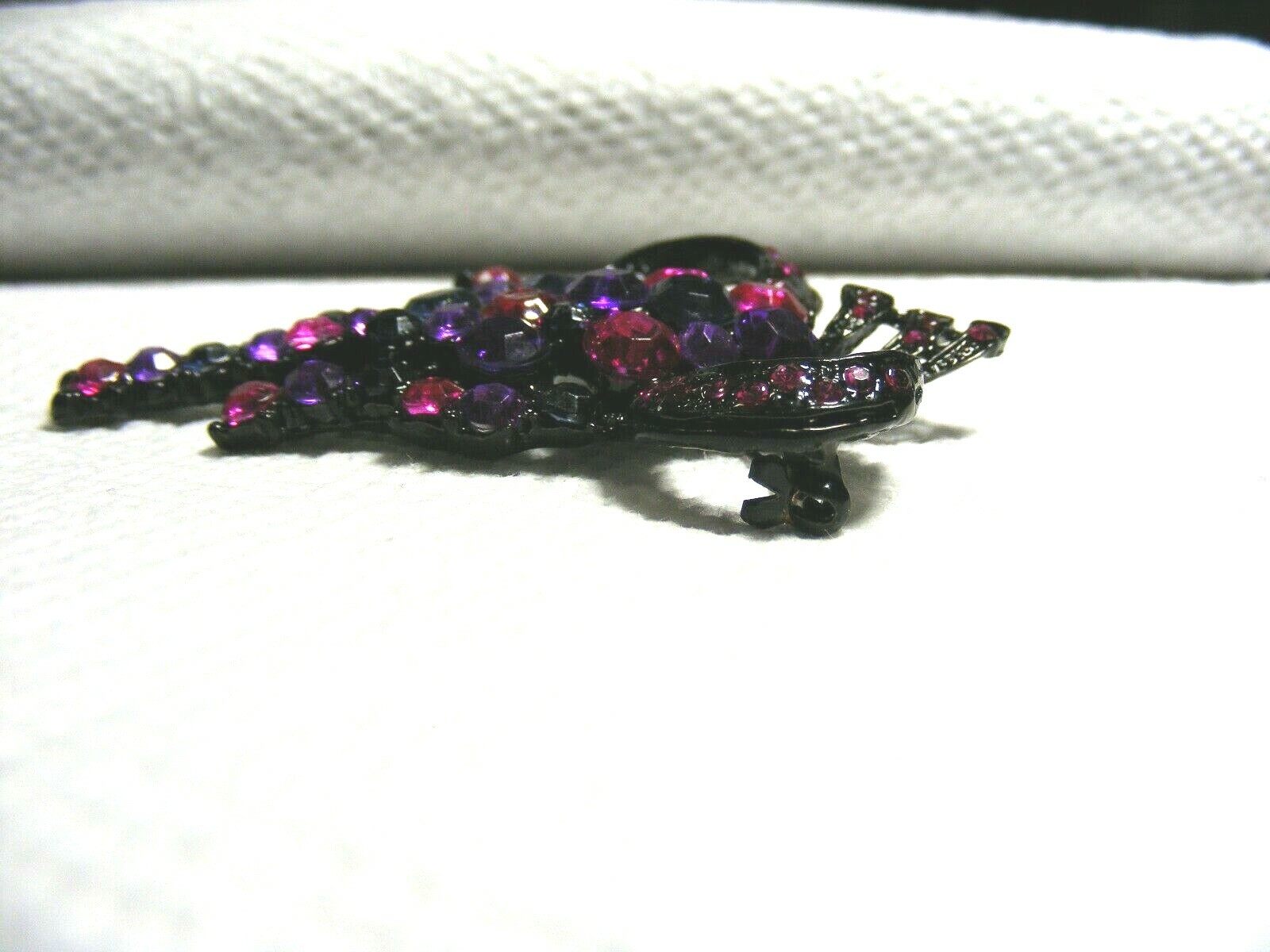 Vtg. Black Metal Pink, Purple And Blue Rhinestone Brooch