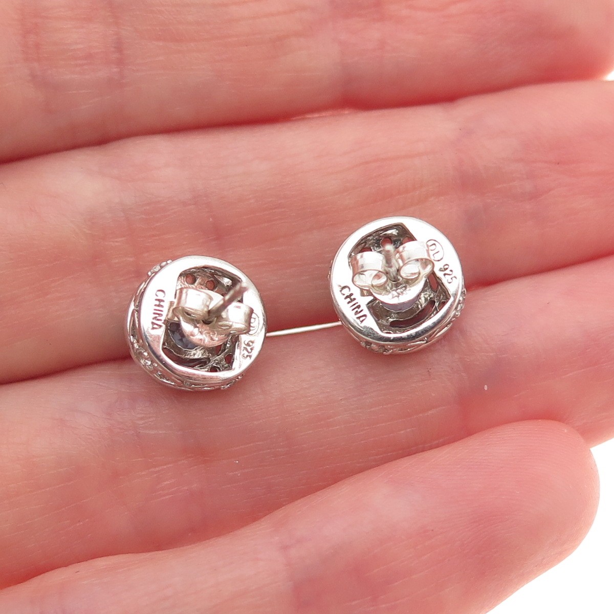 925 Sterling Silver Vintage Real Round-Cut Blue & White Topaz Stud Earrings