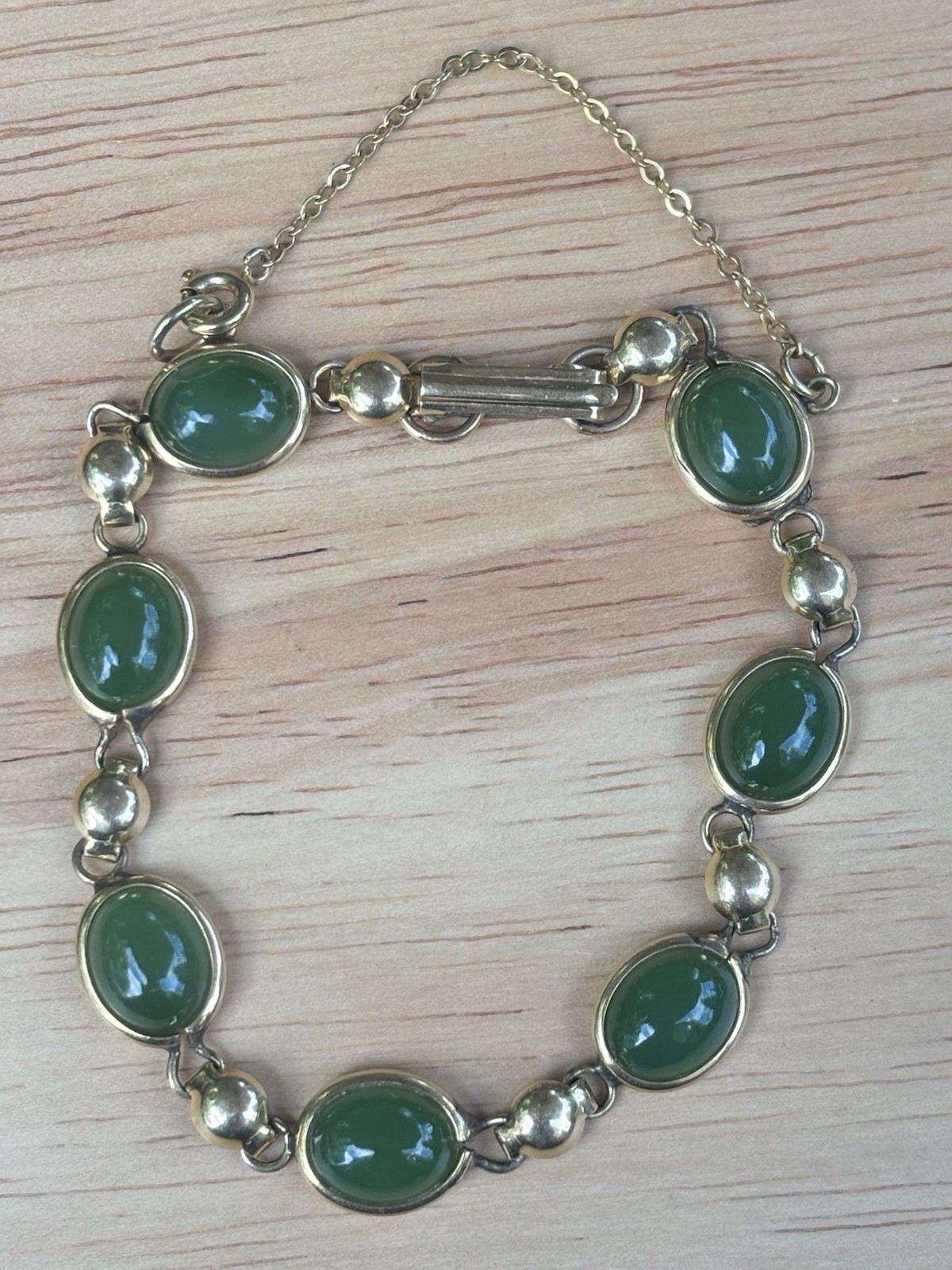 Vintage 12K Gold Filled Green Jade Bracelet 7” Oval Jade Link Womans Jewelry