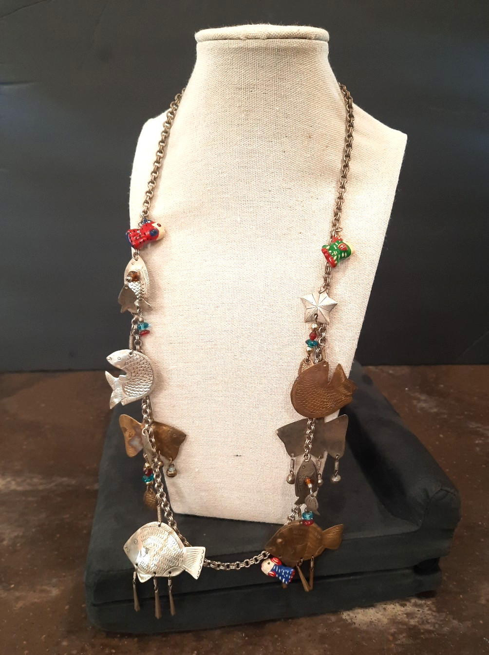 Vintage Eclectic Charm Necklace Fish Star Beads Mixed Metal 28” Long