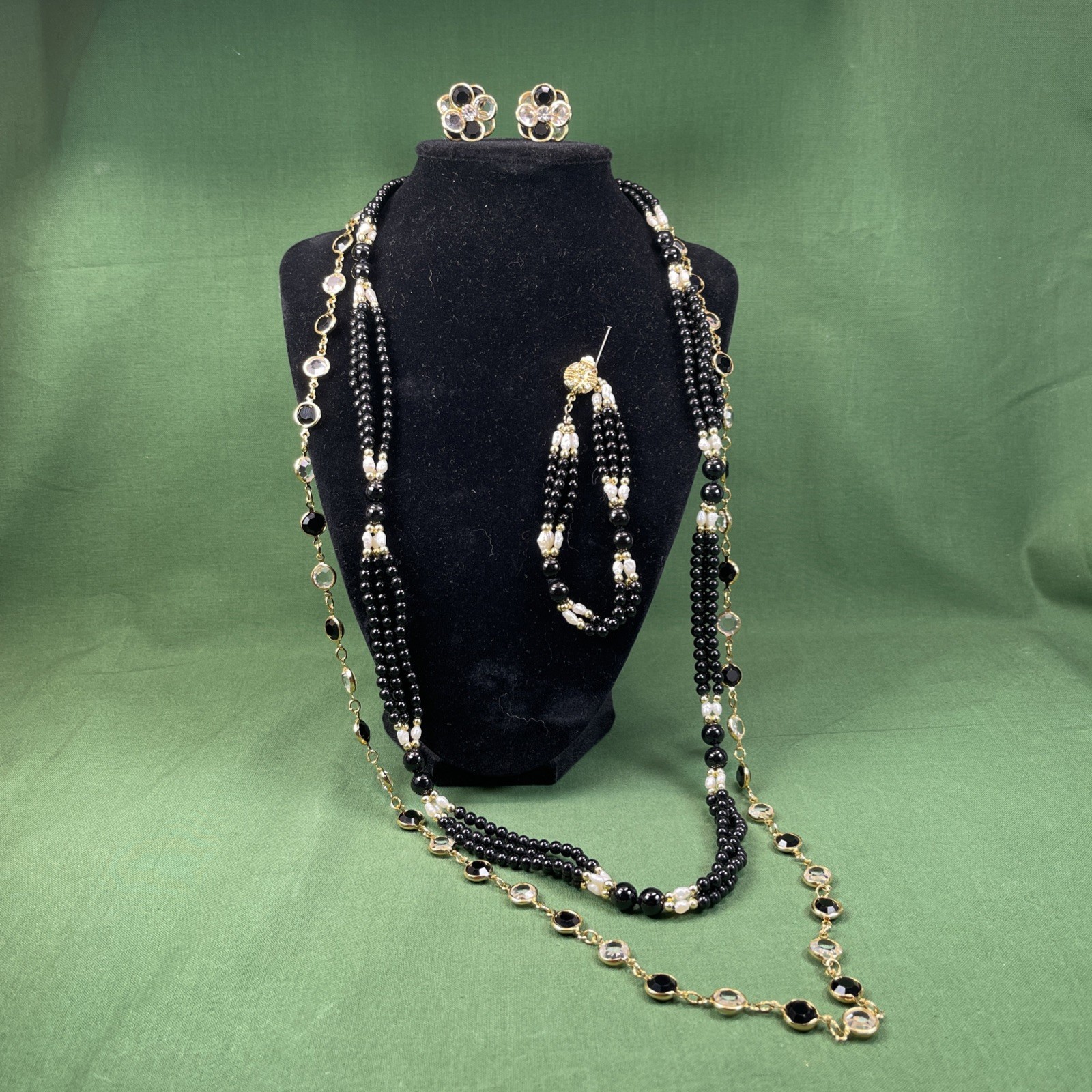 USA Made Austrian Crystal Black Gold Tone Rice Pearls Jewelry 4 Piece Parure Set