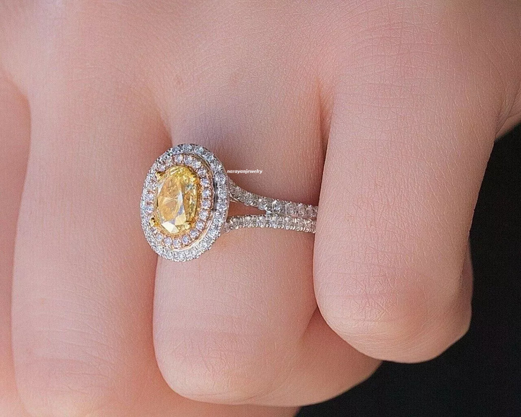 2.50 CT Oval Cut yellow Citrine & CZ Halo Wedding & Engagement Ring 925 Silver.