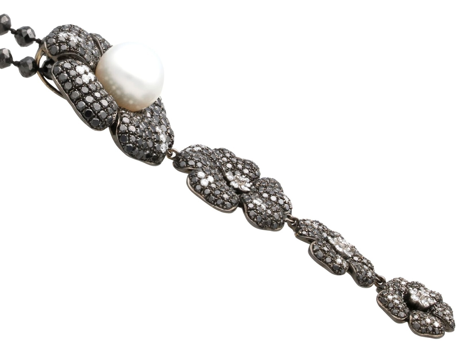 Cultured Pearl, Black Diamond, White Diamond, 18k Oxidised White Gold Pendant
