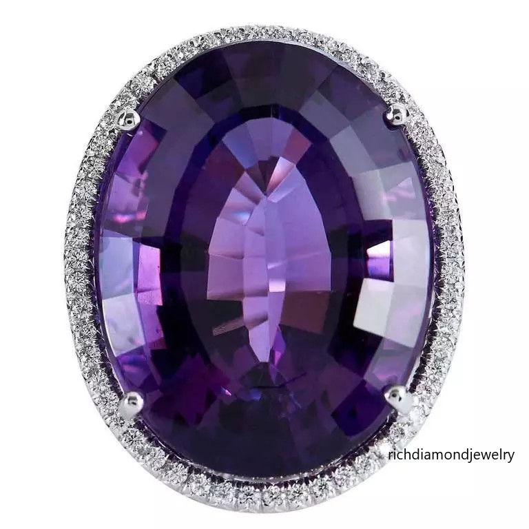 Violet Purple Oval Shape 23.00CT Amethyst With 0.78CT Round CZ Halo Wedding Ring