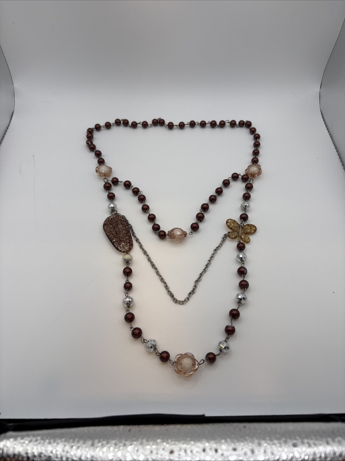 Vintage Multi strand Beaded Statement Necklace Acrylic Butterfly Accent READ