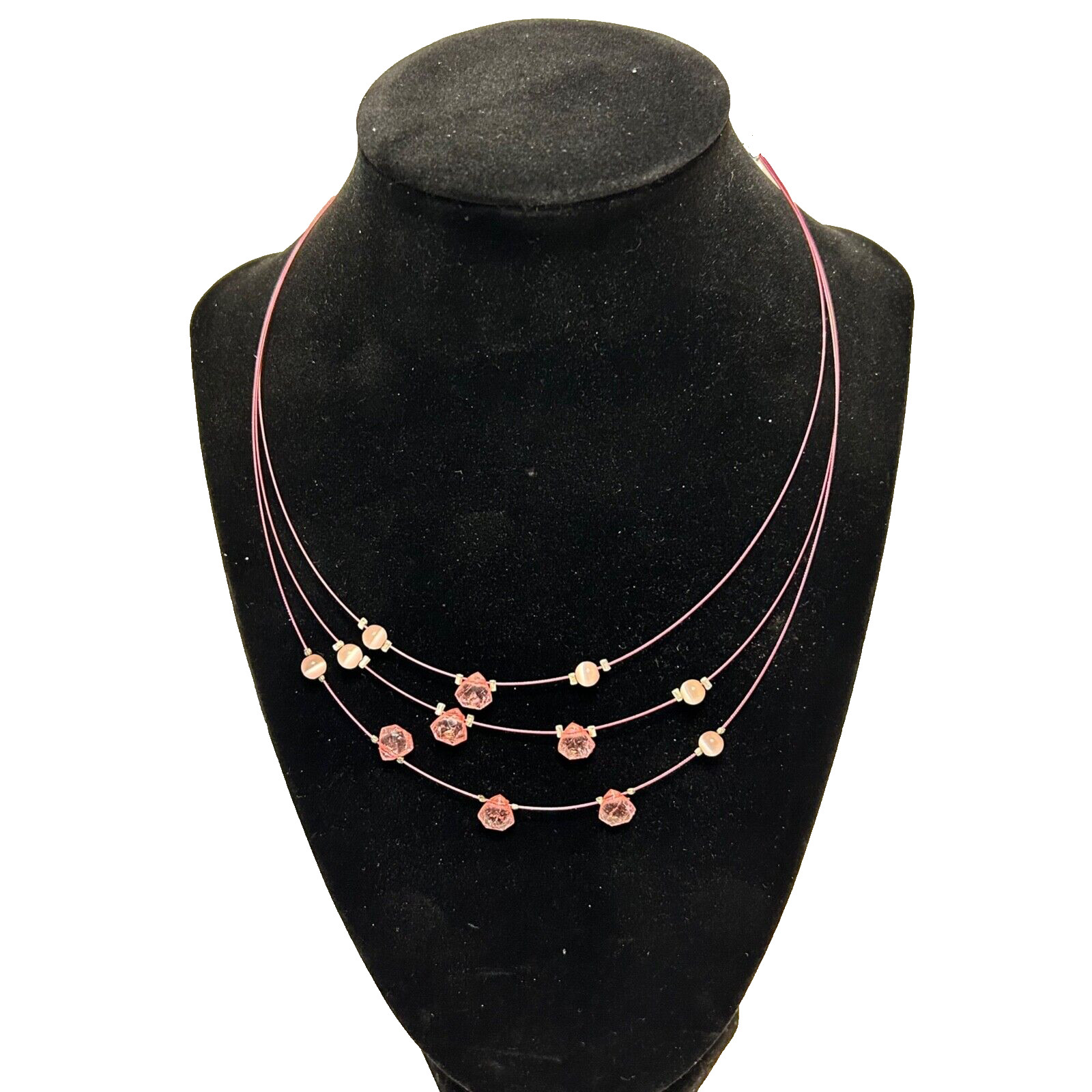 Vintage Womens Pink Stone Beaded Multi Strand Wire Layered Necklace 8″