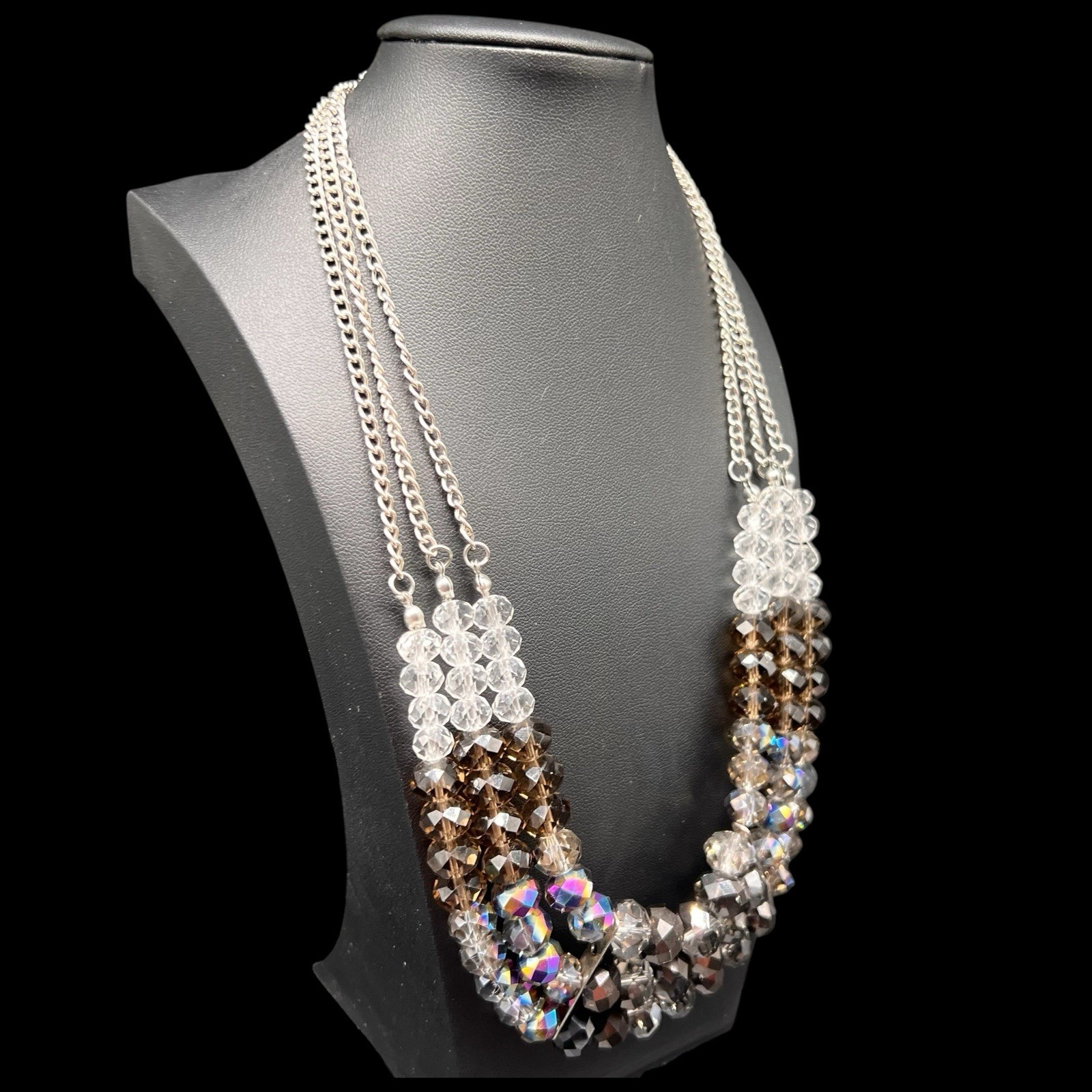 3 Strand Beaded Crystal Necklace Faceted AB Graduating Lustrous Brown Clear