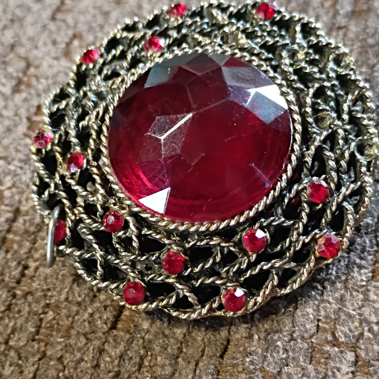 Vintage Round Red Glass pendant with Silver Metal Accents